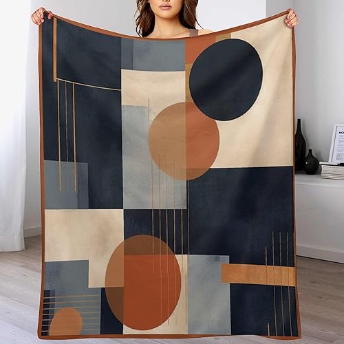 Miniatura 8 de Manta geométrica abstracta de color azul marino, naranja quemado, arte abstracto, de mediados de siglo, moderna, suave, 70 x 80 pulgadas, manta de