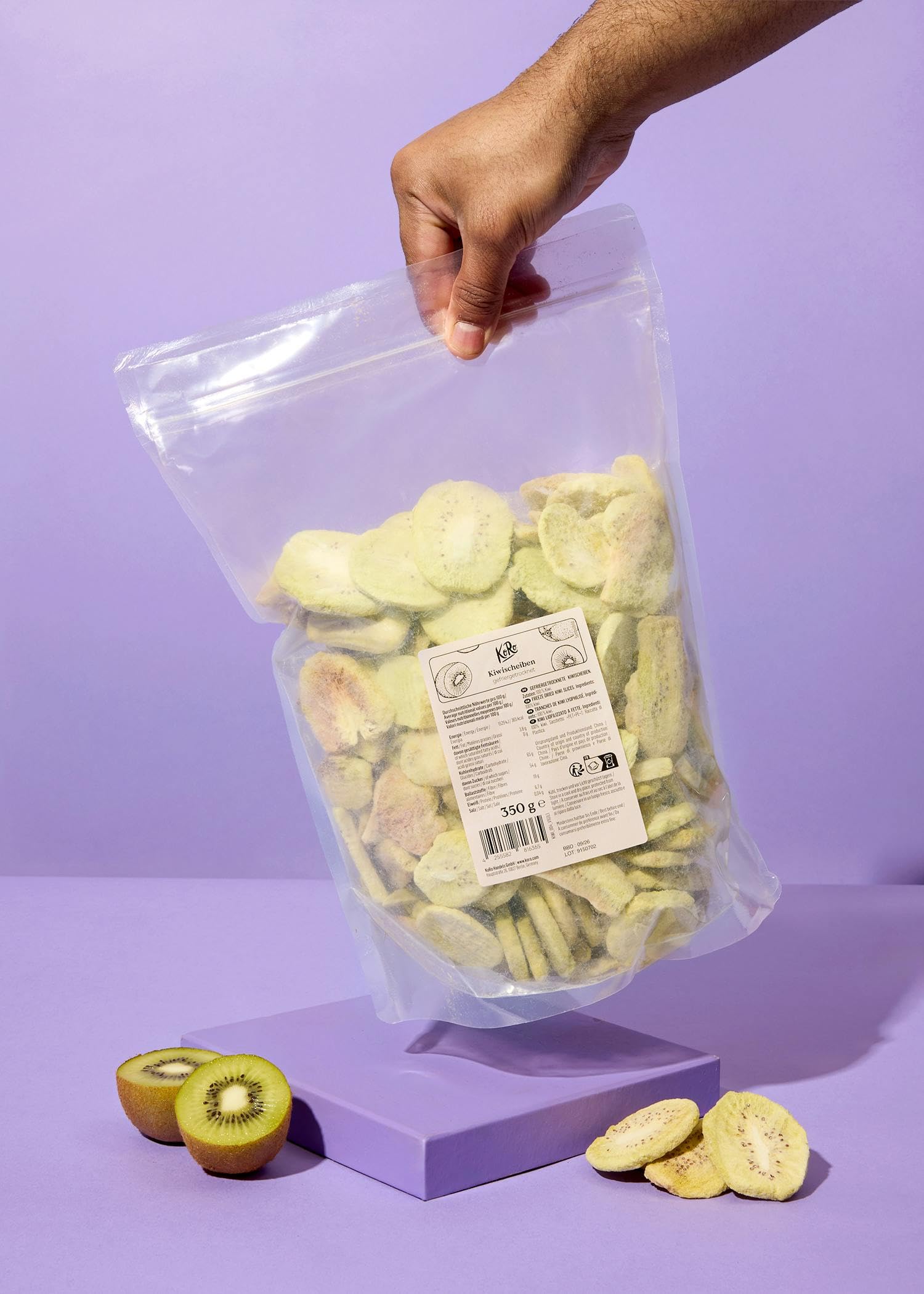 KoRo - Kiwi liofilizzati a fette 350 g - 100% kiwi - Alto contenuto di fibre - Senza additivi