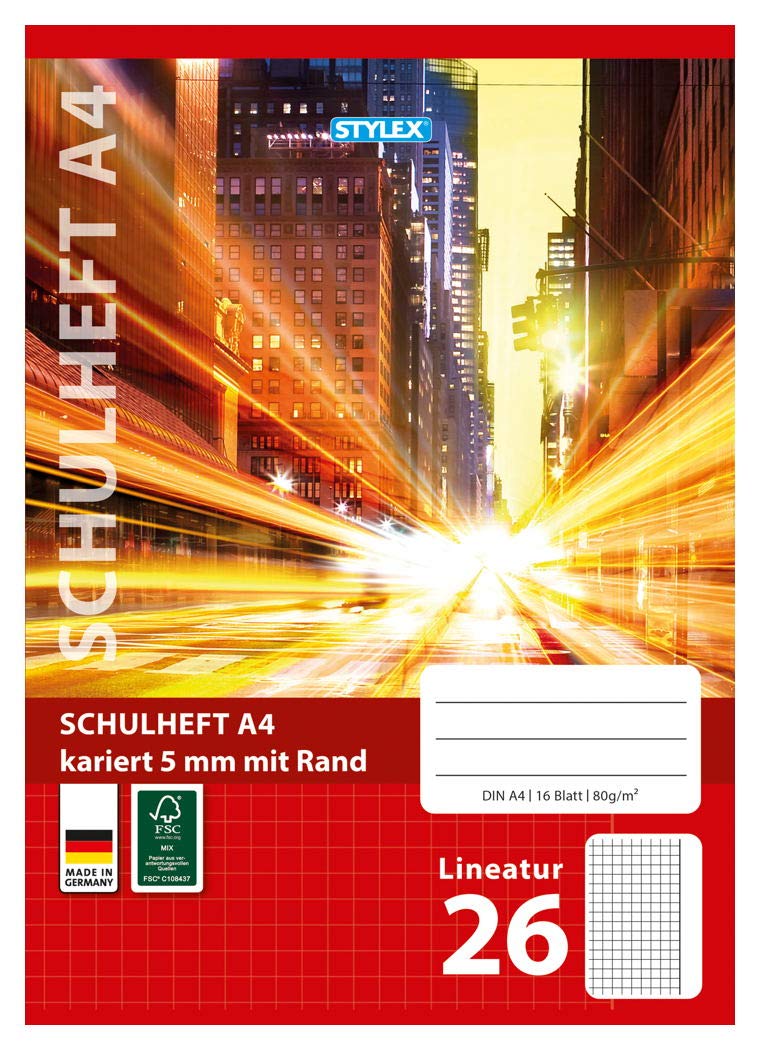 Stylex 29826-P25 Exercise Book Squared DIN A4 16 Sheets with 80 g/m² Grammage, Outer Margin, Pack of 25
