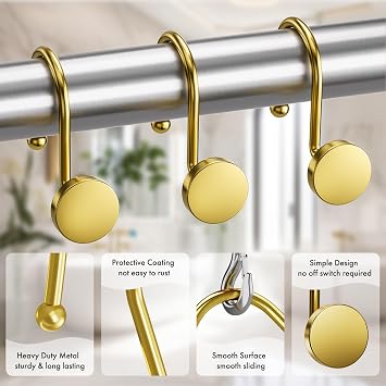 AmazerBath Gold Shower Curtain Hooks, Shower Curtain Rings Modern Decorative Shower Curtain Hooks Rust Proof Smooth Metal Shower Hooks for Shower Curtain Hangers Bathroom Shower Rod Hook, 12Pcs