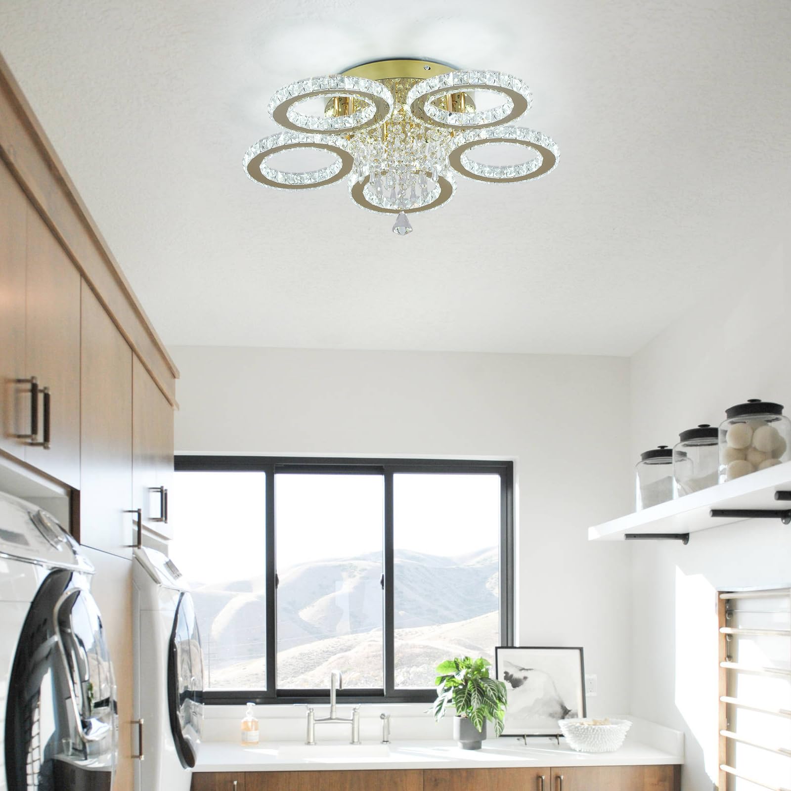 VETRULUS Moderner Kristall-Kronleuchter – Goldene LED-Deckenleuchte mit 5 Ringen, Dimmbar für Schlafzimmer, Wohnzimmer, Esszimmer, Flur
