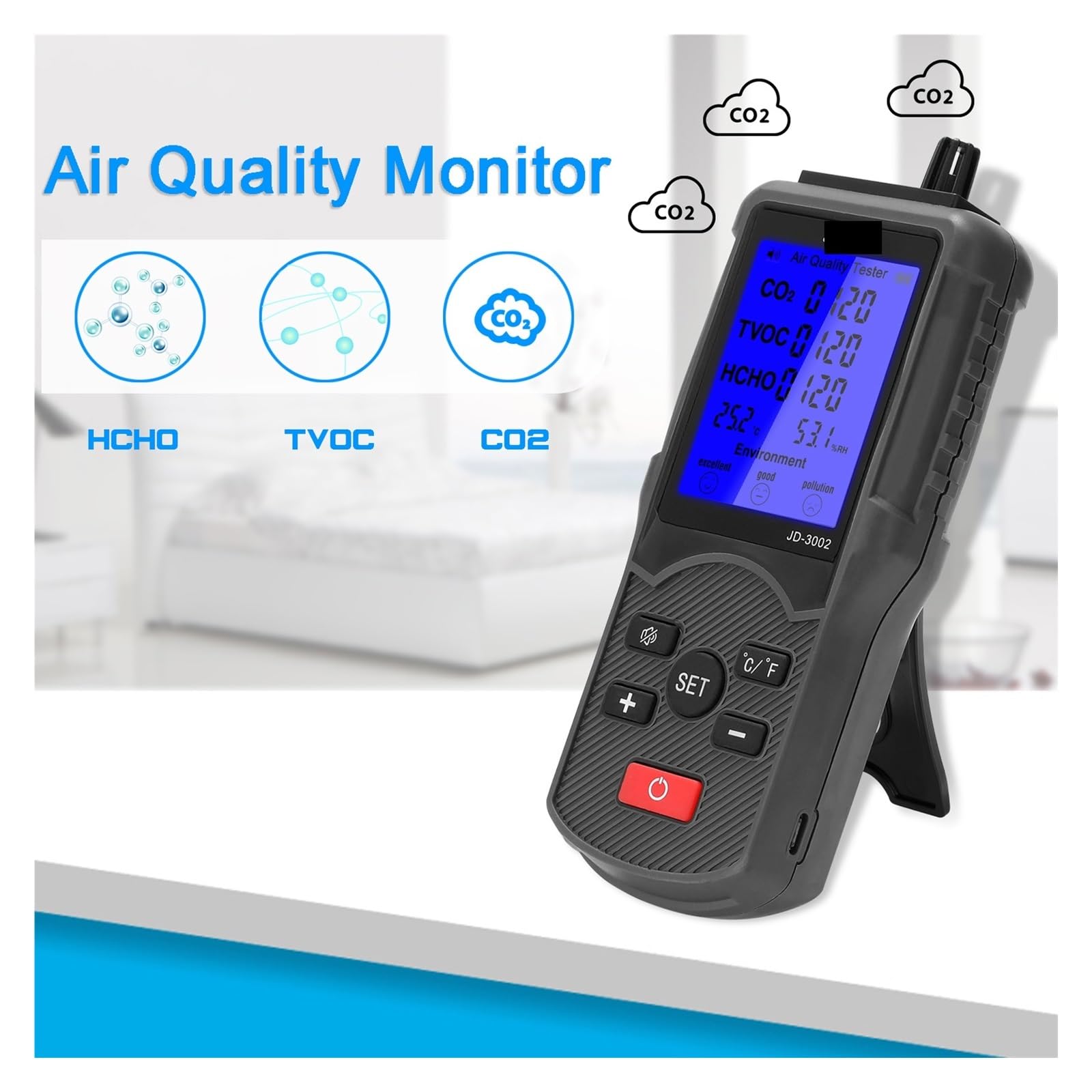 Misuratore Qualità dell'aria, Misuratore di CO2 8 in 1 Tester multifunzionale a qualità 'aria Misuratore di CO2 TVOC Dispositivo di misurazione 'umidità a temperatura Misuratore di CO2 Rilevatore di C