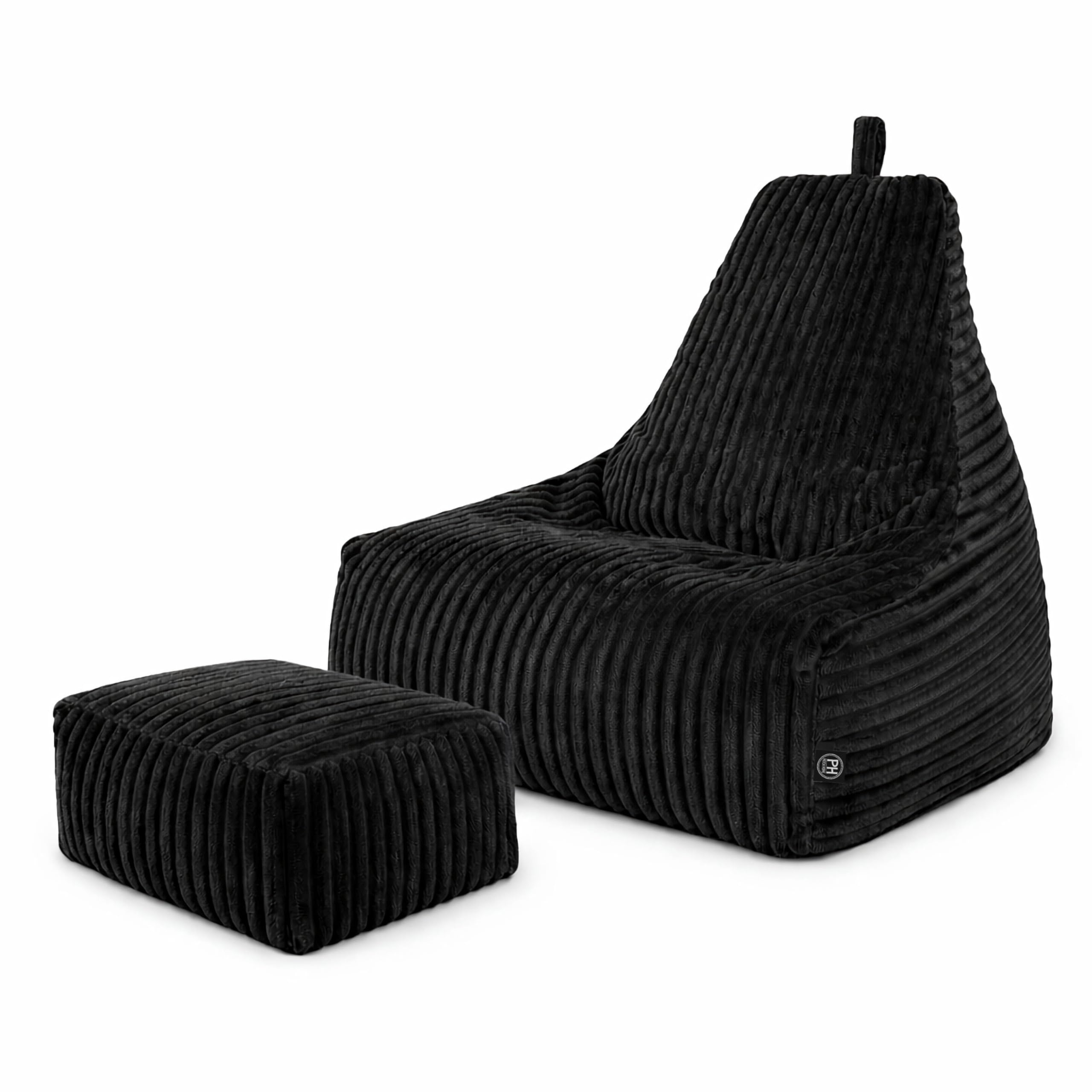 PATCH HOME Deluxe Cord worek do siedzenia, fotel dla graczy, zestaw z podnóżkiem, wygodny fotel sztruksowy z wypełnieniem, do salonu i sypialni (kolor czarny, XL – worek do siedzenia + taboret)