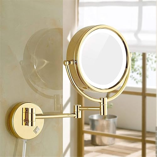 Miniatura 4 de AMHIL Espejo de maquillaje dorado montado en la pared, espejo iluminado LED de doble cara de 8 pulgadas, extensible giratorio de 360 con interruptor