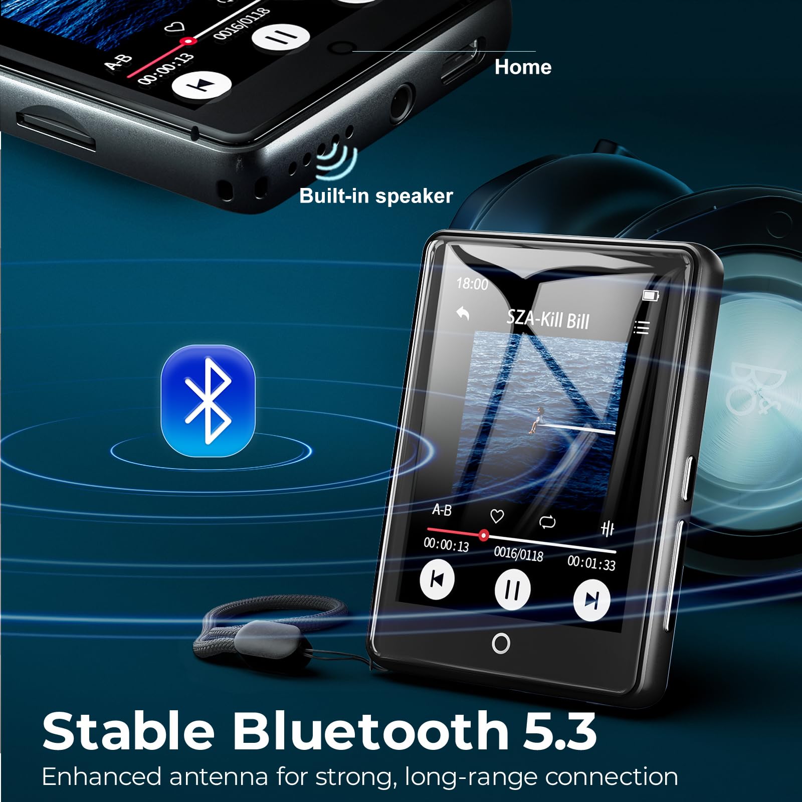 64GB MP3 Player Bluetooth 5.3, 2,8 Zoll Touchscreen, Zinkgehäuse, HiFi-Klang & Lautsprecher, 48h Akkulaufzeit, Weißes Rauschen (18 Klänge), inkl. Kopfhörer & Tasche,Schwarz