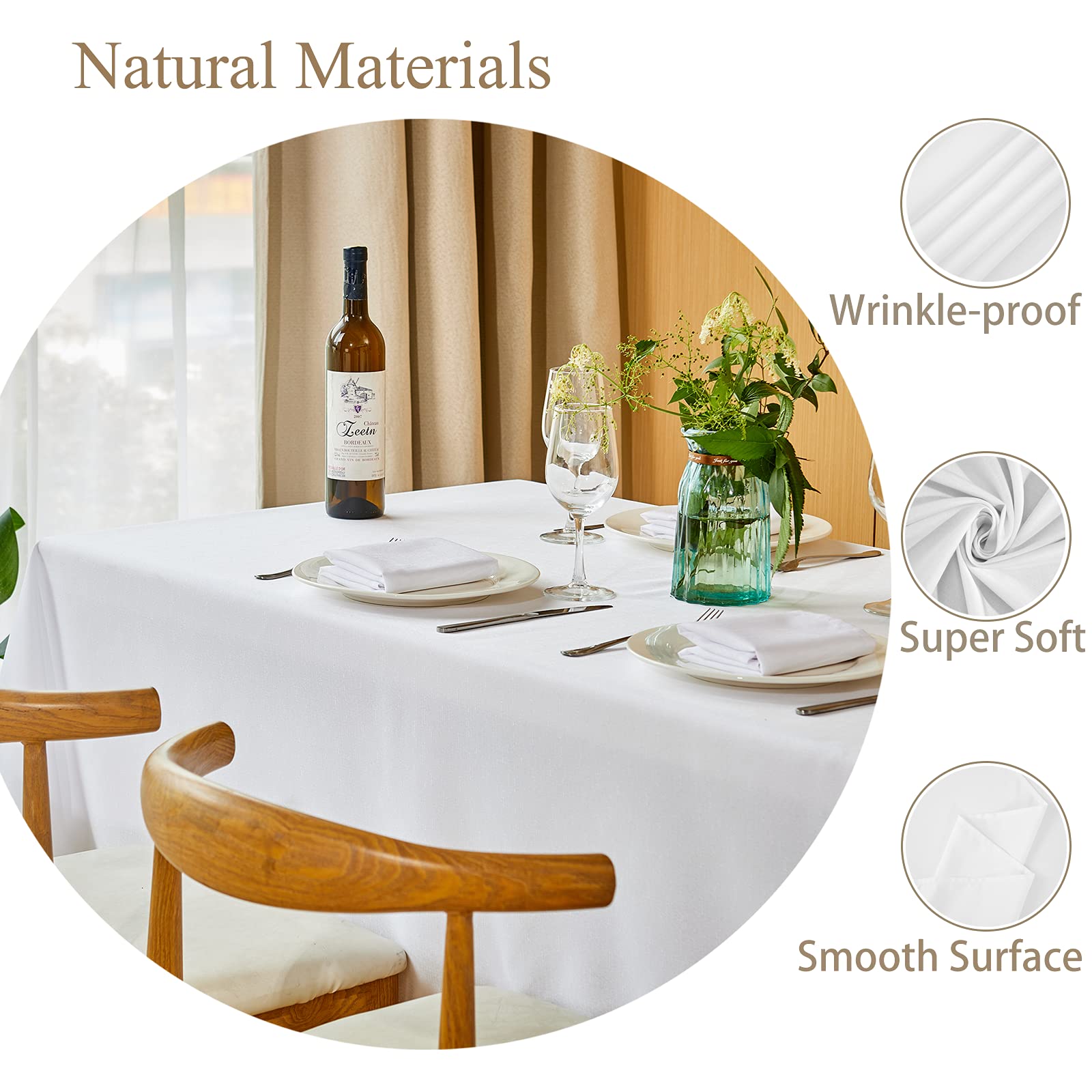 Mebakuk Mantel Rectangular de Lino para casa de Campo, Impermeable, antiencogimiento, Suave y Resistente a Las Arrugas, Mantel Decorativo para Cocina (60 x 84 Pulgadas (6-8 Asientos), Color Blanco