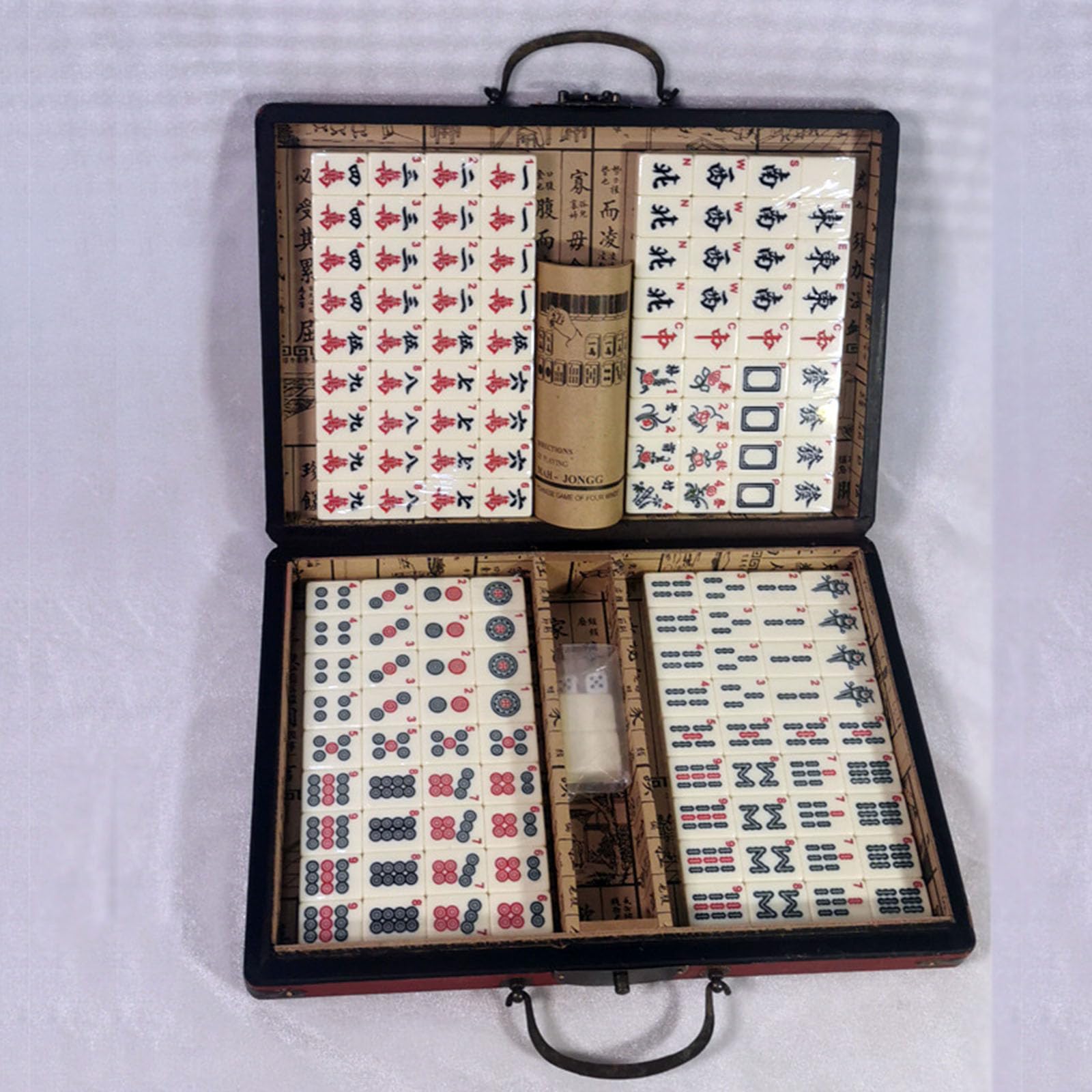 Mahjong Set mit tragbarem Koffer und 144 Teilen für Familienspiel, Tischplatte, dekorative Box für Home Gathe