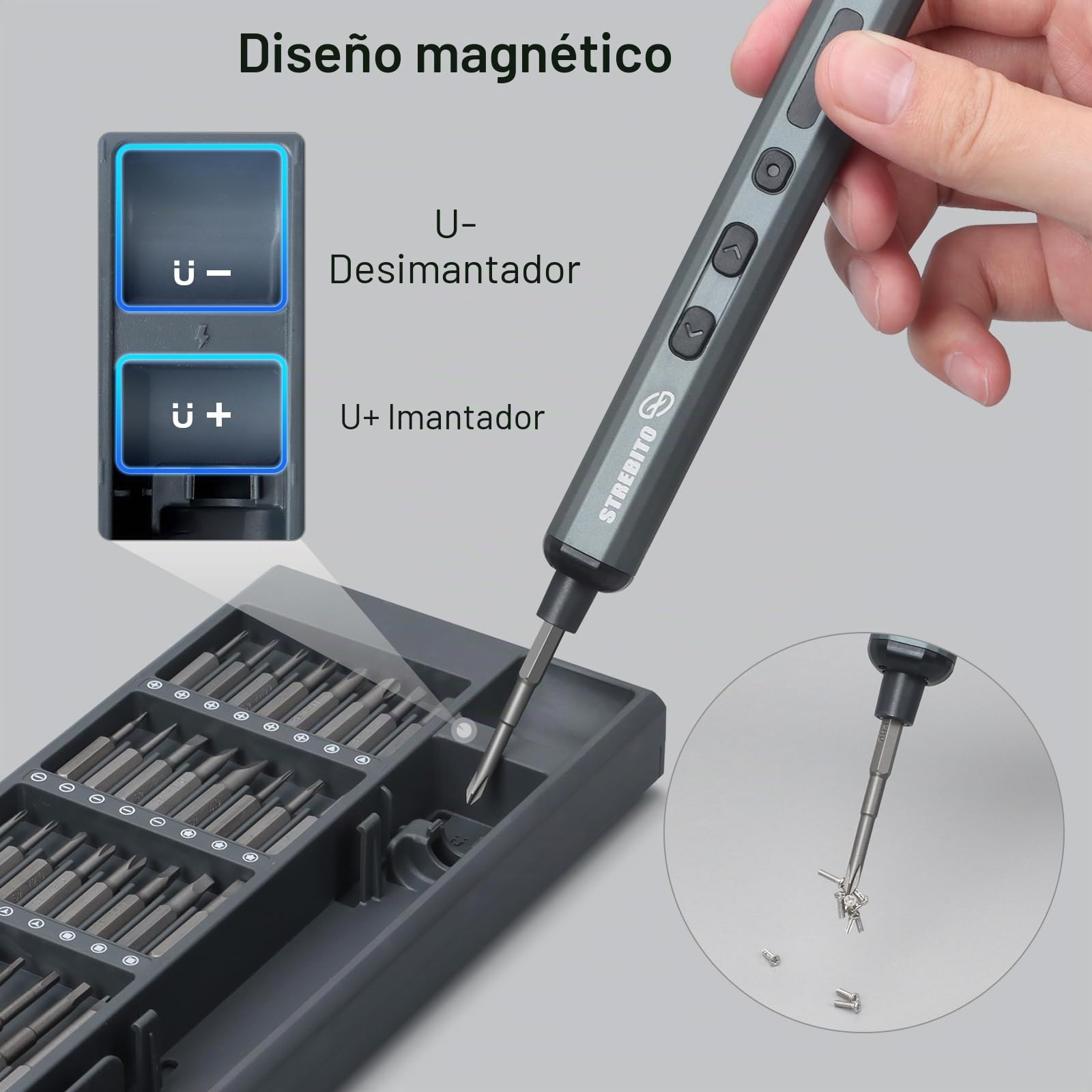 STREBITO - Juego de mini destornilladores eléctricos, 70 en 1, pequeño destornillador eléctrico inalámbrico, 64 puntas de preición S2, 5 ajustes de par, 4 luces LED, mini destornillador eléctrico kit