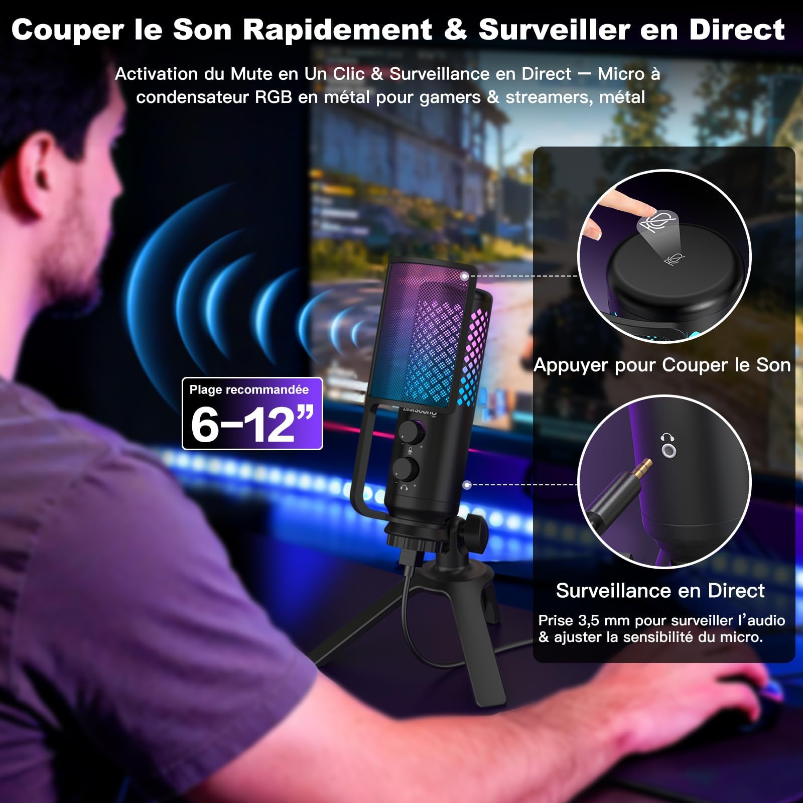 zealsound Micro Gaming PC, 96 kHz Métal USB Microphone à condensateur RGB pour Podcast, Streaming, Enregistrements et Voiceover, Discord, avec Muet et Gain – Plug & Play pour PC Smartphone et PS4/5