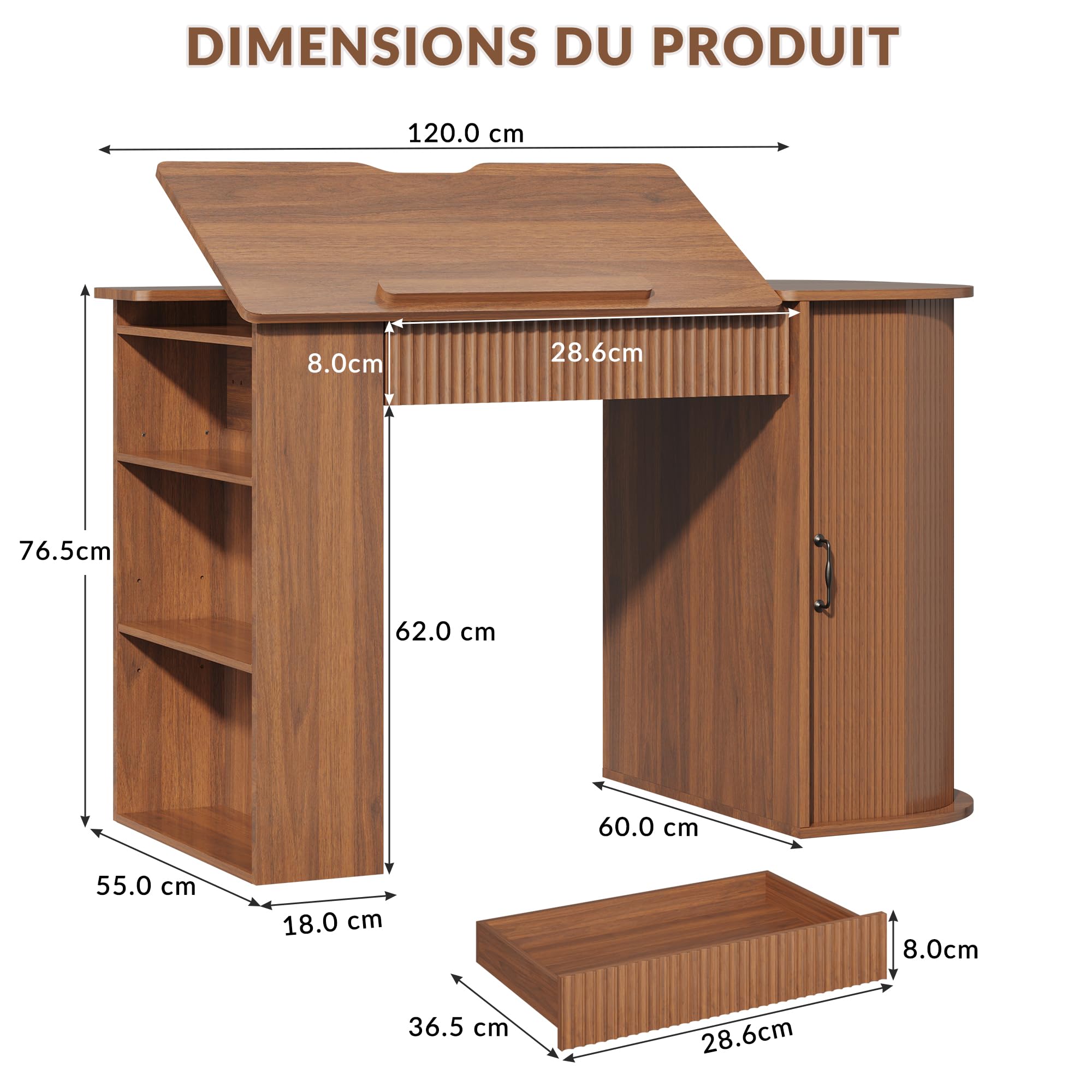 Table à Dessin inclinable avec rangements, Effet Bois
