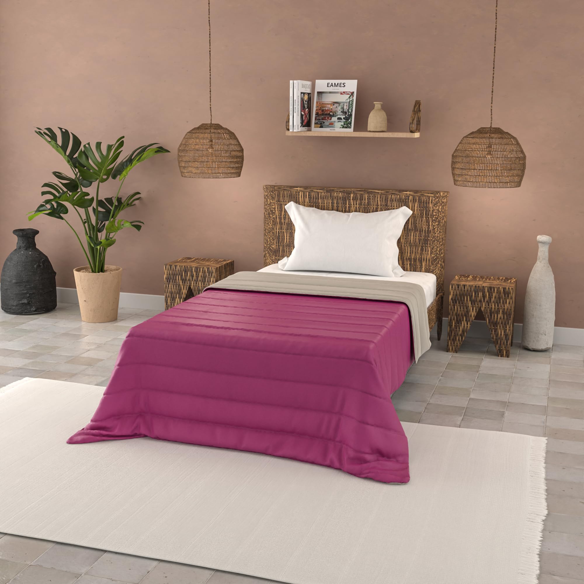 Italian Bed Linen Basic Summer Quilt Plain Microfibre Fuchsia/Light Grey, Single 160 x 240 cm