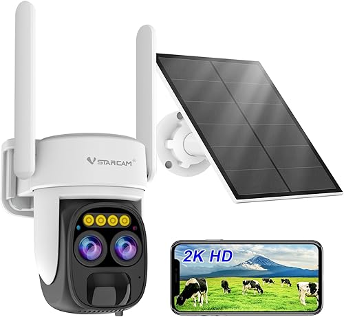 VSTARCAM Cámara solar inalámbrica para exteriores sin suscripción, cámaras duales, 2K UHD con zoom de 10x, 100% sin cables con batería, vista