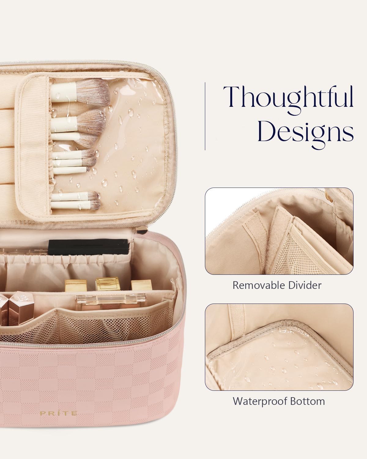 Prite Makeup Bag, Large Capacity Portable Travel Cosmetic Bag, Waterproof Makeup Organizer for Women with Handle and Divider (001 Checkered Pink) - Image 4