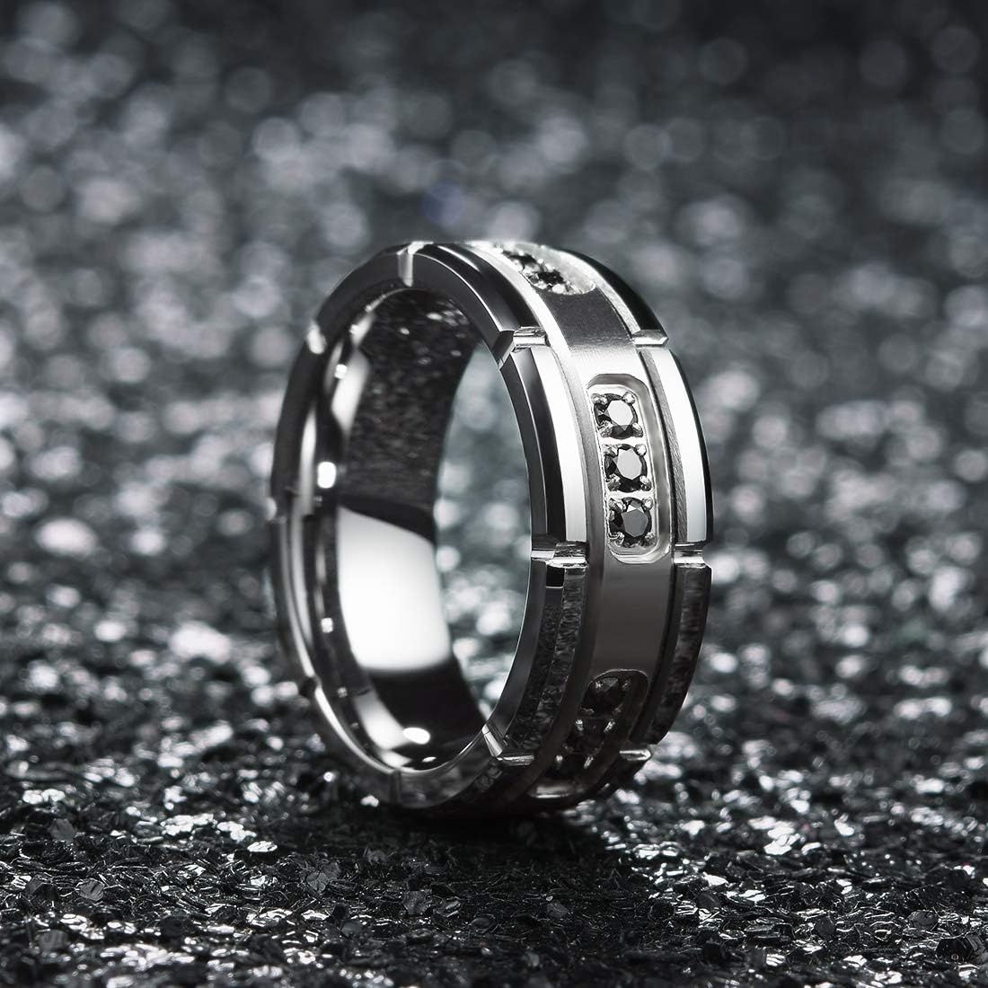 King Will GEM Mens 8mm Black Polished Finish Tungsten Carbide Ring Cubic Zircon Stones Flat Style | 