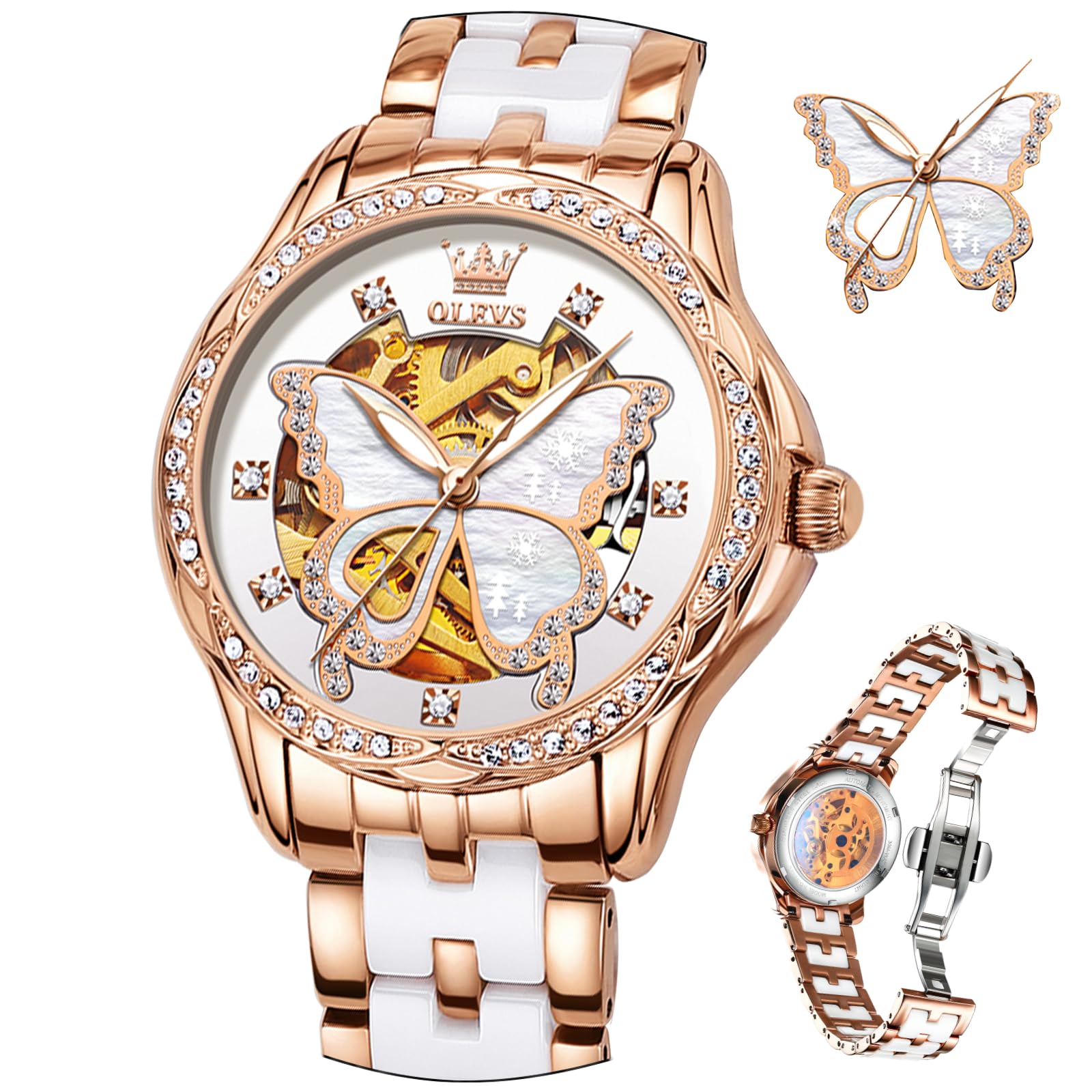 OLEVS Automatic Watches for Women White Face Self Winding Watch Women Rose Gold Dress Mechanical Women's Watch Wrist Ceramic Waterproof Ladies Watches for Woman Diamond Reloj para Mujer