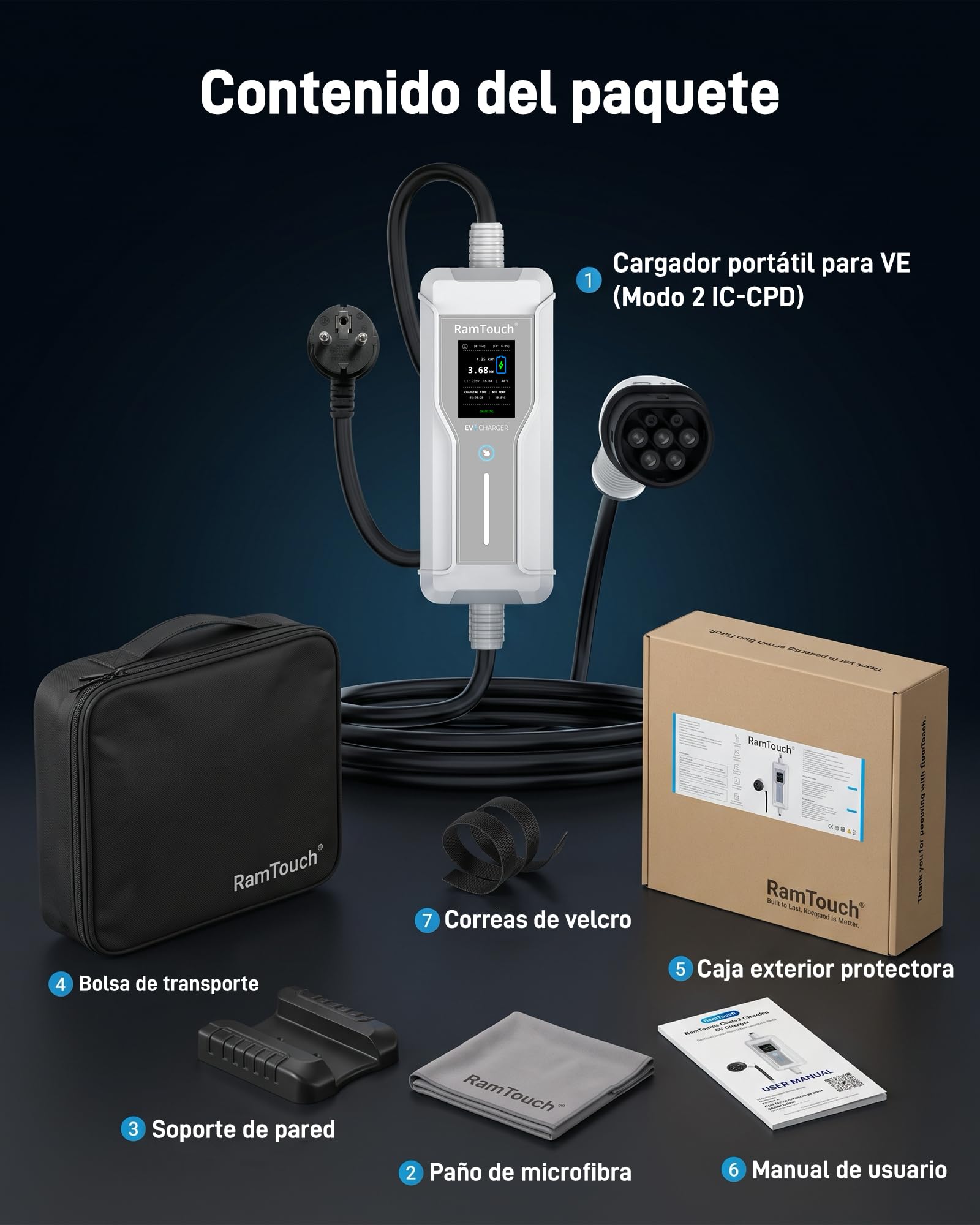 Cargador Coche Eléctrico (3,7 kW, 16 A, 7,5 m, Schuko a Tipo 2) | Monofásico | IP67 | 6–16 A | Timer + inicio diferido | LCD 2,4" | RCD CA/CC | Cable Modo 2 / wallbox móvil | para VE y PHEV