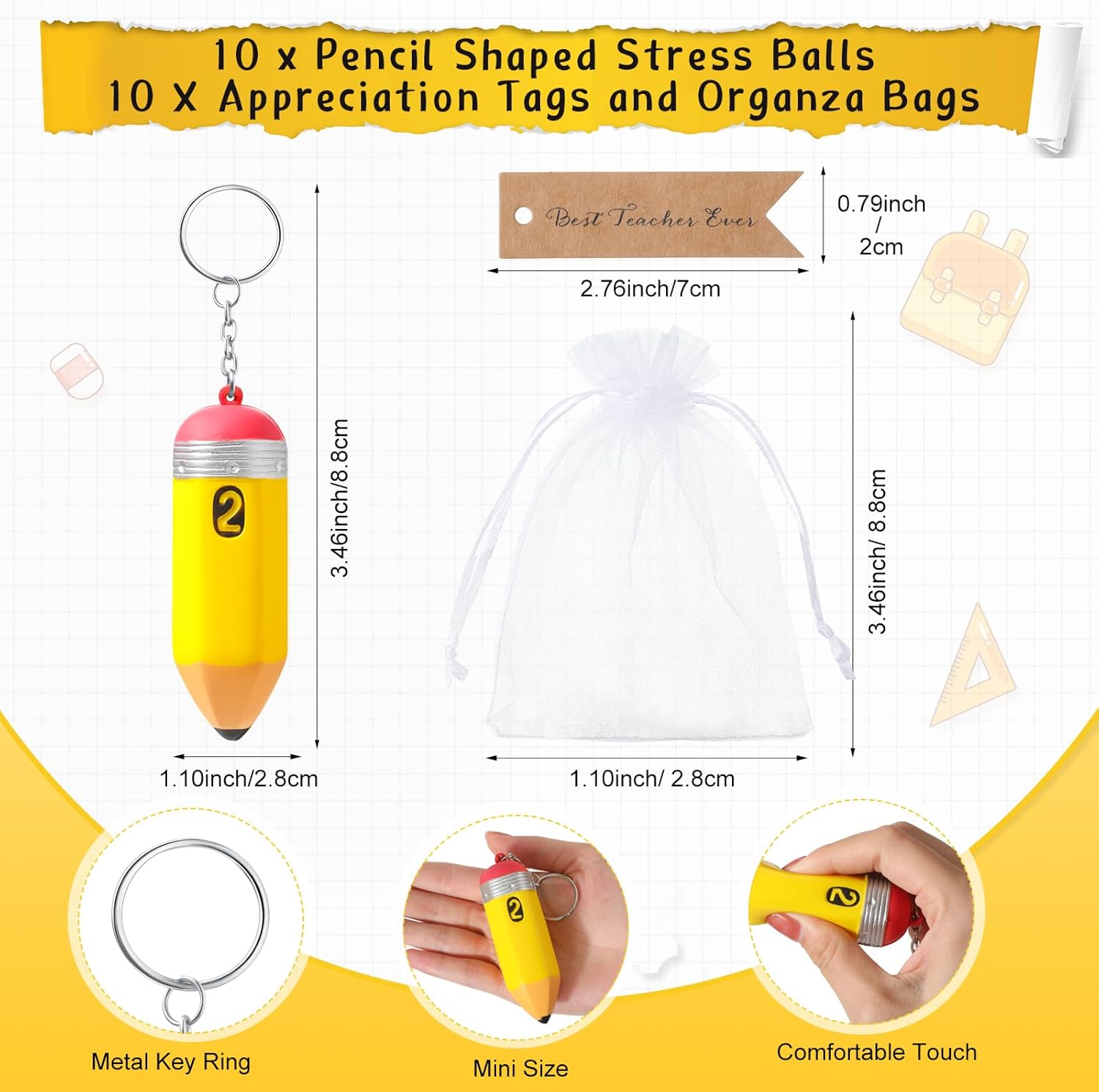 Landical 10 Sets Teacher Appreciation Gifts Bulk Pencil Stress Balls Keychains Beaded ID Badge Lanyard with Thank You Tag for Teacher Classroom School Party Favor