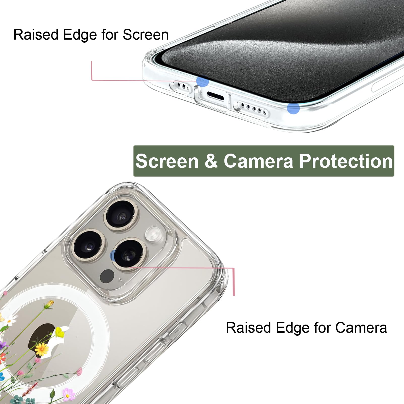 Unov Case Compatible with iPhone 15 Pro Case Magnetic Clear with Design Compatible with MagSafe Slim Protective Soft TPU Bumper with Hard PC Back Embossed Pattern (Flower Bouquet) - Image 2