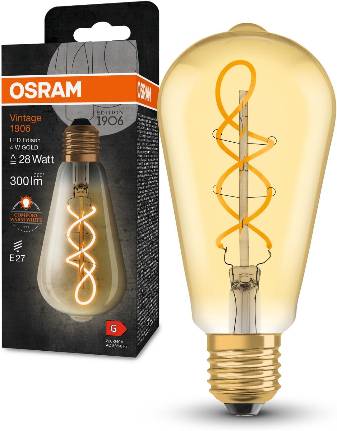 OSRAM Vintage 1906 Classic Edison Fil Led Lamp, E27, Spherical, Gold, 4W, 300Lm, 2000K, Warm White Comfort Light Color, Very Low Energy Consumption, Long Life