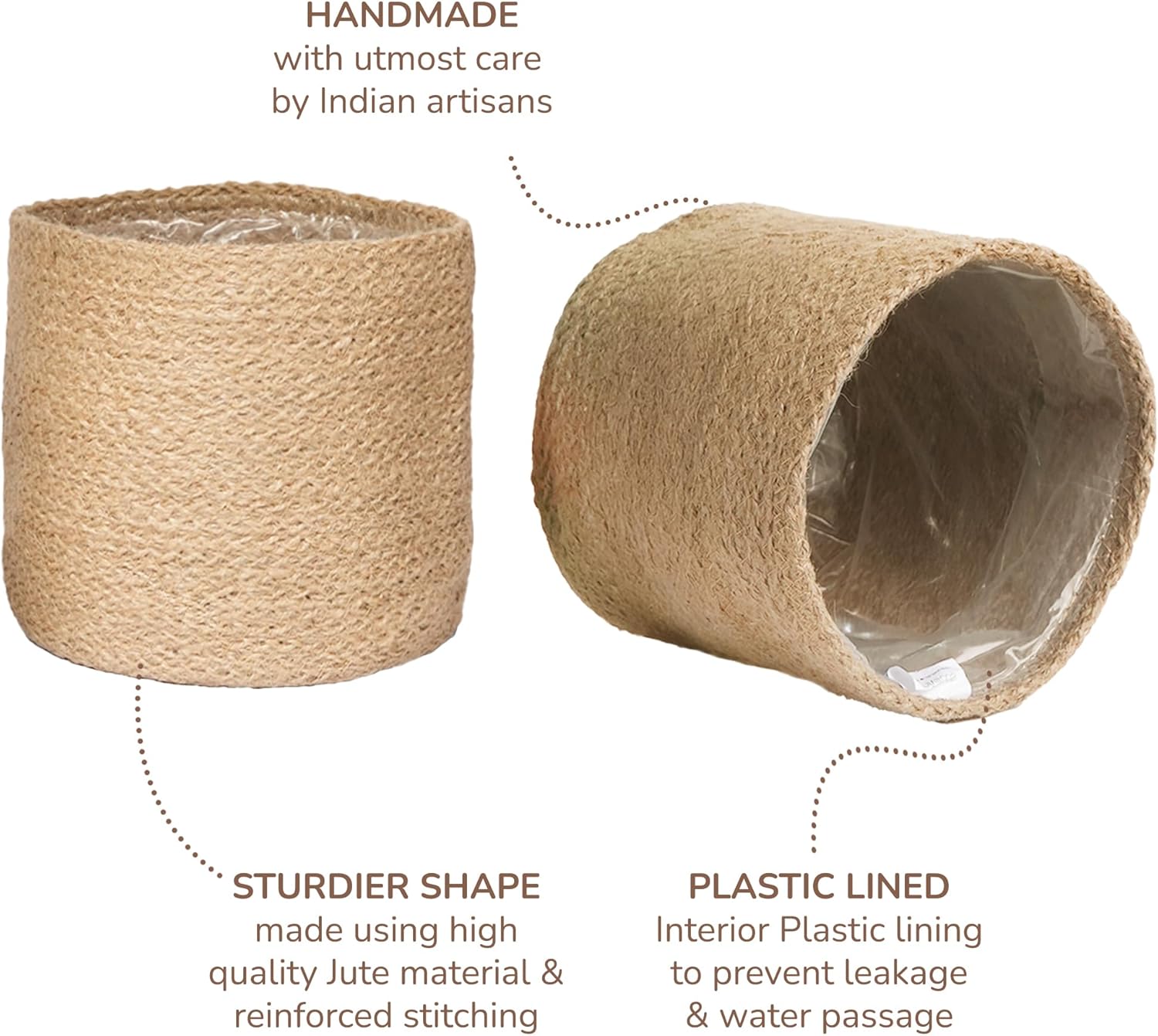 Jute Planter Basket-Woven Jute Rope Covers for Decorating Indoor/Outdoor Succulents, Small Plant Pots-Set of 2-Multi-Purpose Storage Bins 6.5 Inches - Modern Style Décor- Brown
