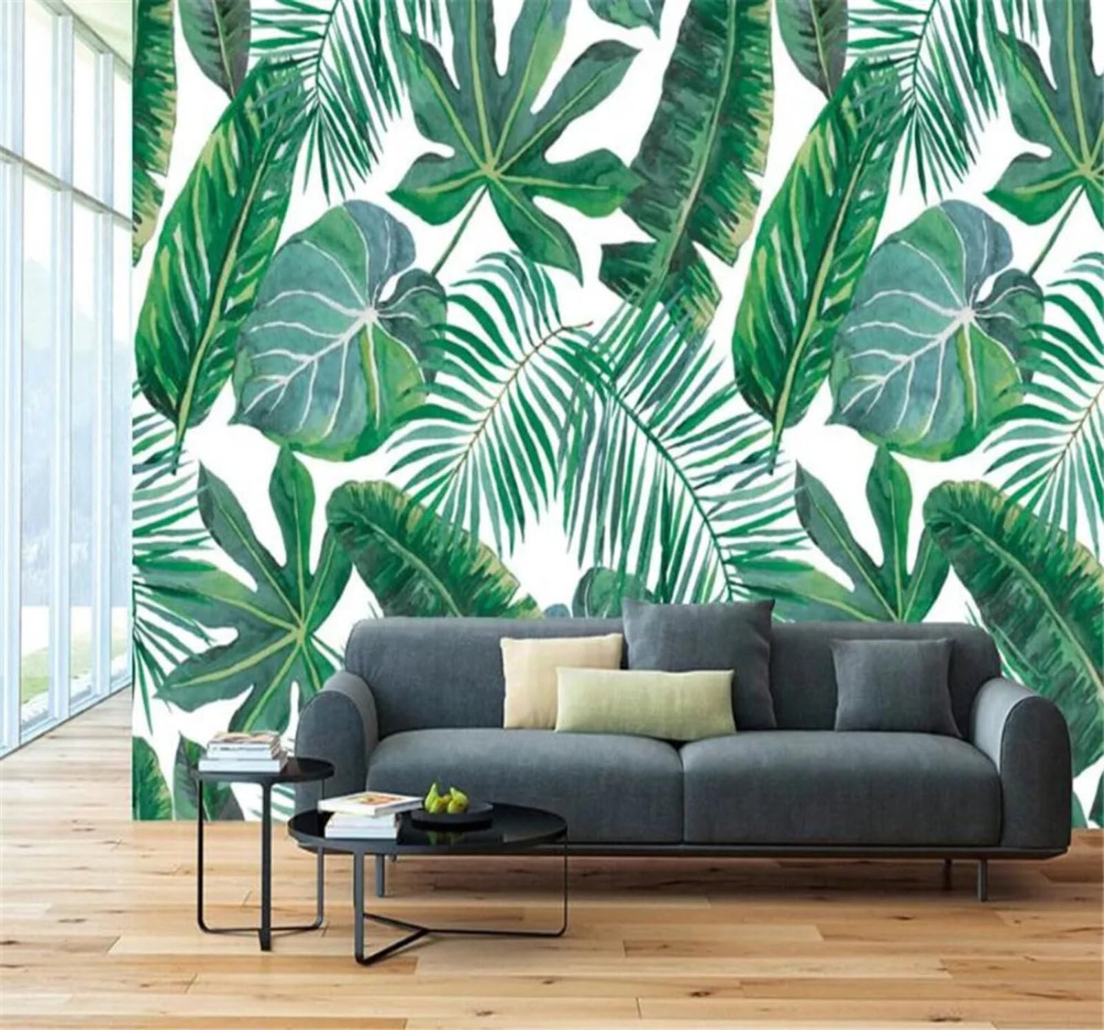 Tzxztt Hand Drawn Minimalist Tropical Green Banana Leaves Modern 3D Wallpaper Premium Textured Silk Neutral Tones Material Ideal for Living Room Bedroom-400cm×280cm