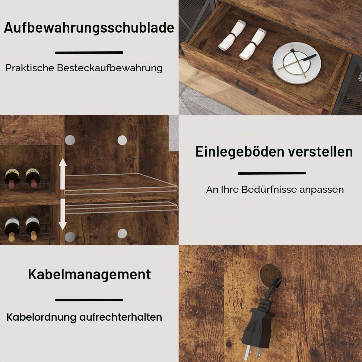 LVB Weinbarschrank mit Kühlschrank Platz Rustikaler Langer Barschränke mit Schubladen Stauraum Landhaus Holz Metall Wein Schrank Mit Regal Sideboard Büfett Für Küche Esszimmer Rustikales Braun 180cm