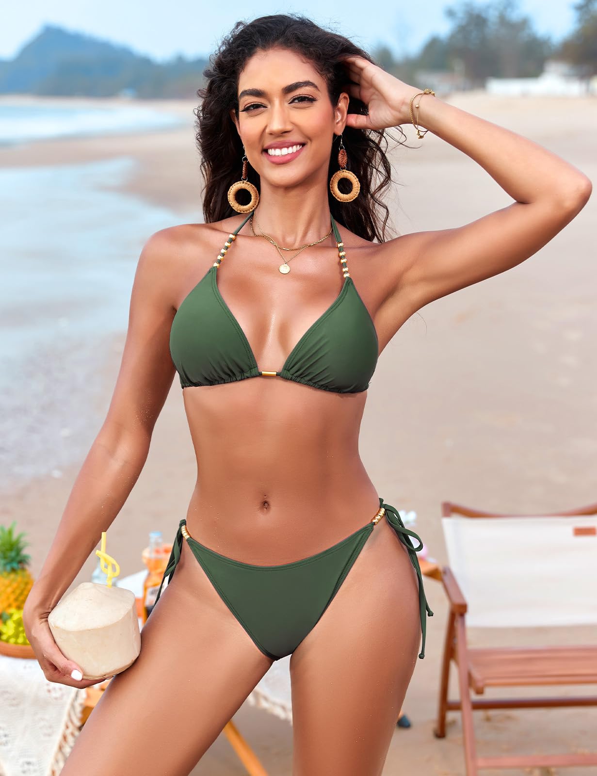 Traje de Baño 2 Piezas Sexy Push Up con Relleno Conjuntos de Bikini Correas Laterales Braga de Bikini para Playa y Piscina