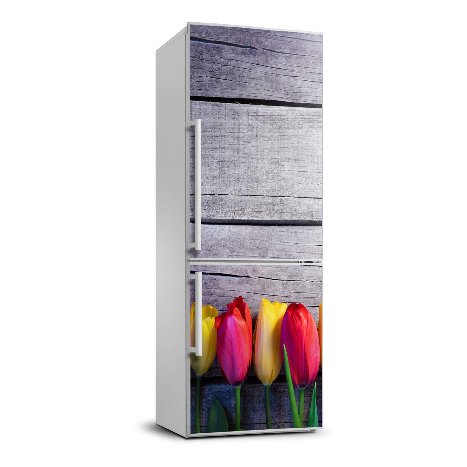 Vinilo de tulipanes de colores para decorar la nevera y dar luz al salón comedor