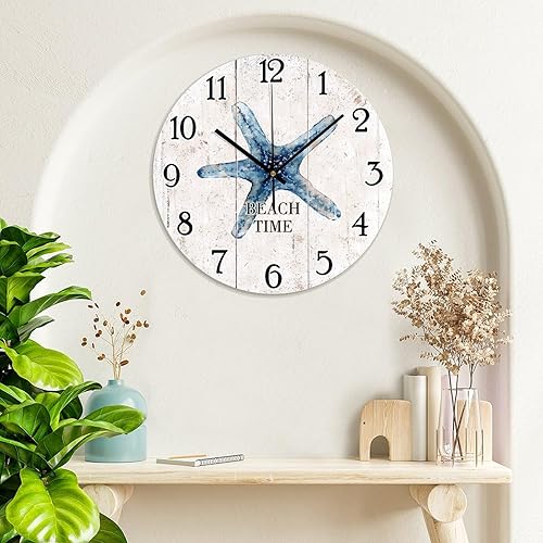Miniatura 8 de Beach Time - Reloj de pared decorativo con diseño de estrella de mar, estilo shabby chic, retro, de 12 pulgadas, reloj redondo de cuarzo, funciona