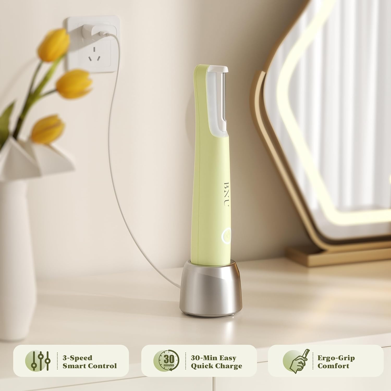 BNU Dermaplaning Tool for Face, Dermaplane Razor for Women Face LED Light Facial Exfoliation & Peach Fuzz Hair Removal, 3 Speeds Rechargeable Sonic Edge Technology 10 Refill Blades Green