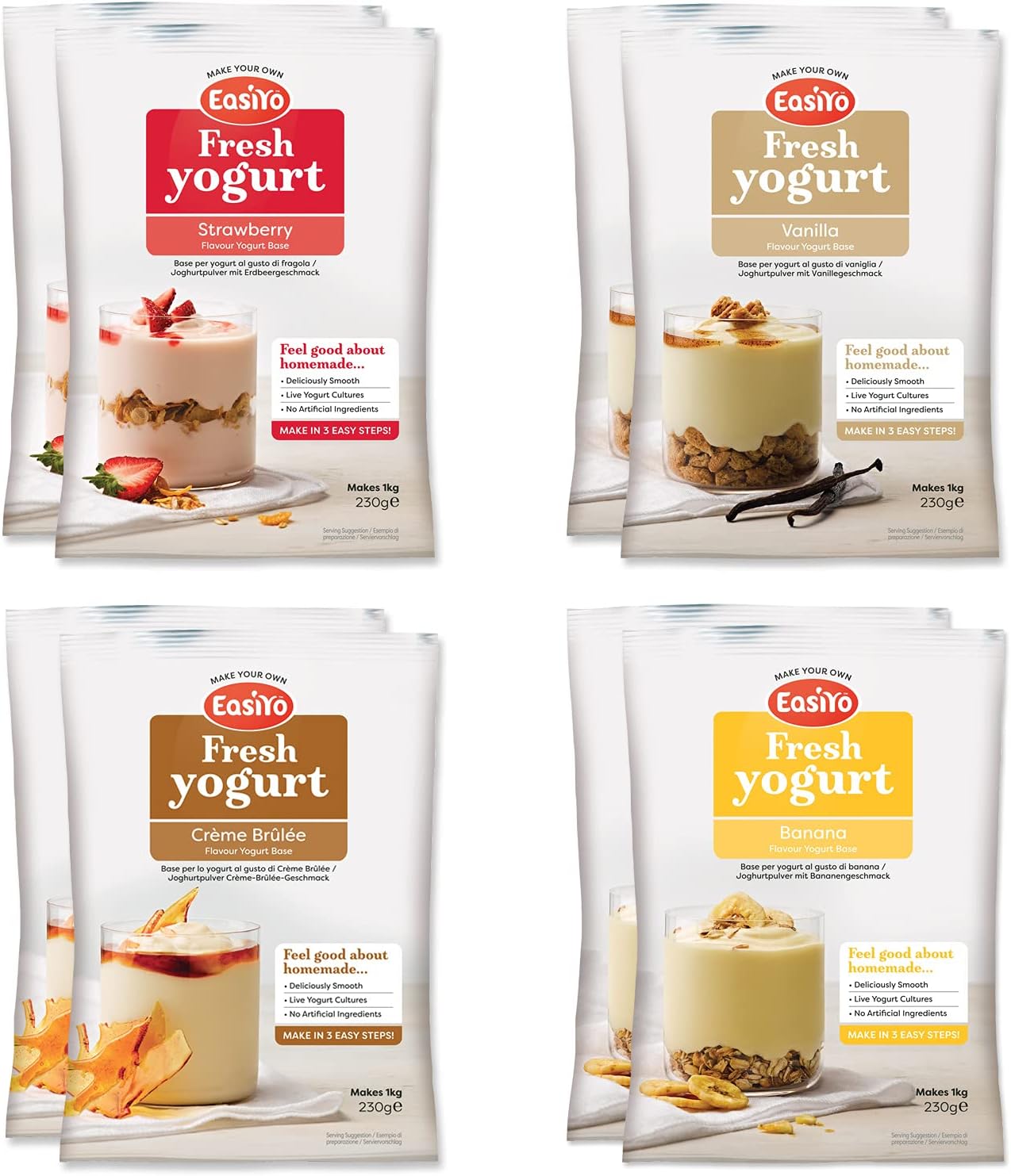 EasiYo Yogurt 8 Sachet Pack | EasiYo Everyday Mixed Pack | 2 x Banana 2 x Strawberry 2 x Crème Brûlée 2 x Vanilla | Each Sachet Makes 1kg of Yogurt