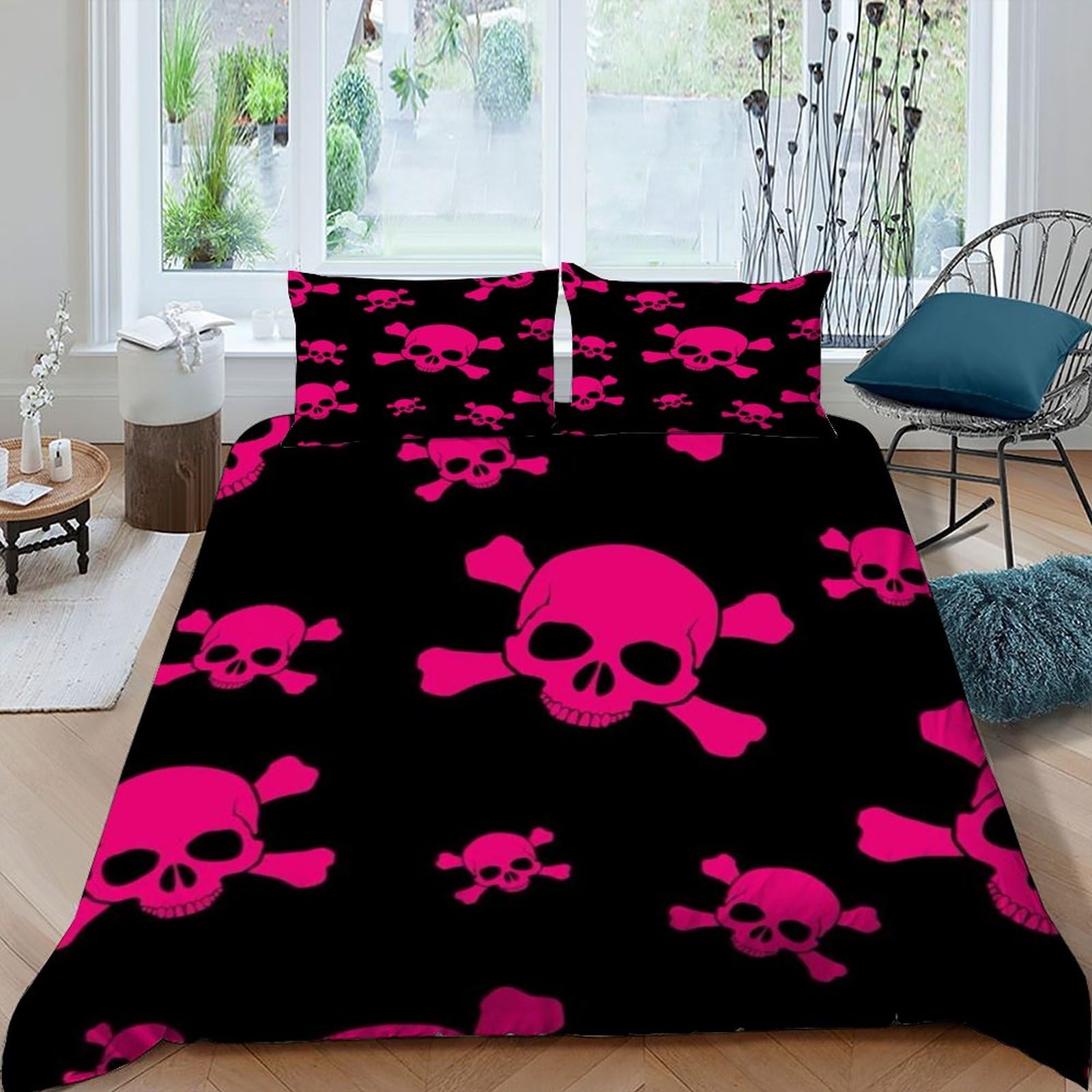 Pink Skull Head Duvet Cover Set with 2 Pillow Shams 3D Print Pink Horror Comforter Cover Set 3 Pcs with Zipper Closure, for Kids Teenagers Adult Double（200x200cm）