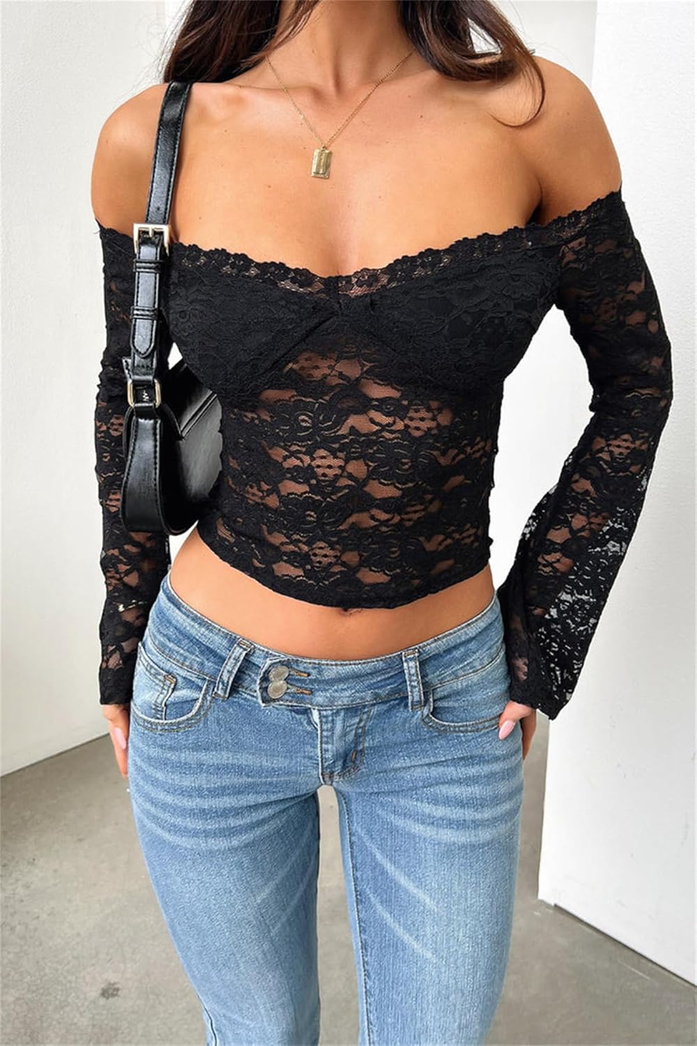 LOFAAC Women Off Shoulder Floral Lace Going Out Crop Tops Sexy Slim Long Sleeve See Through Backless Crop Blouse Shirts - Image 2