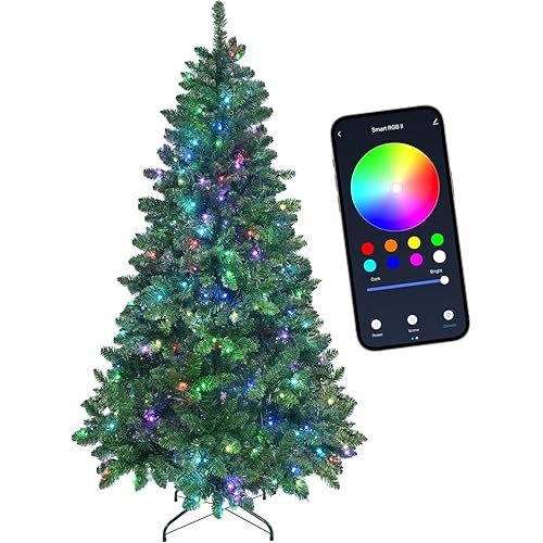 7ft Prelit App Controlled Christmas Tree with RGB Multi-Color Lights, Music Sync & 38 Flashing Modes, Pre Lit Smart Christmas Tree with 400 Two Color Led Twinkle Lights & 1031 Branch Tips for Holiday