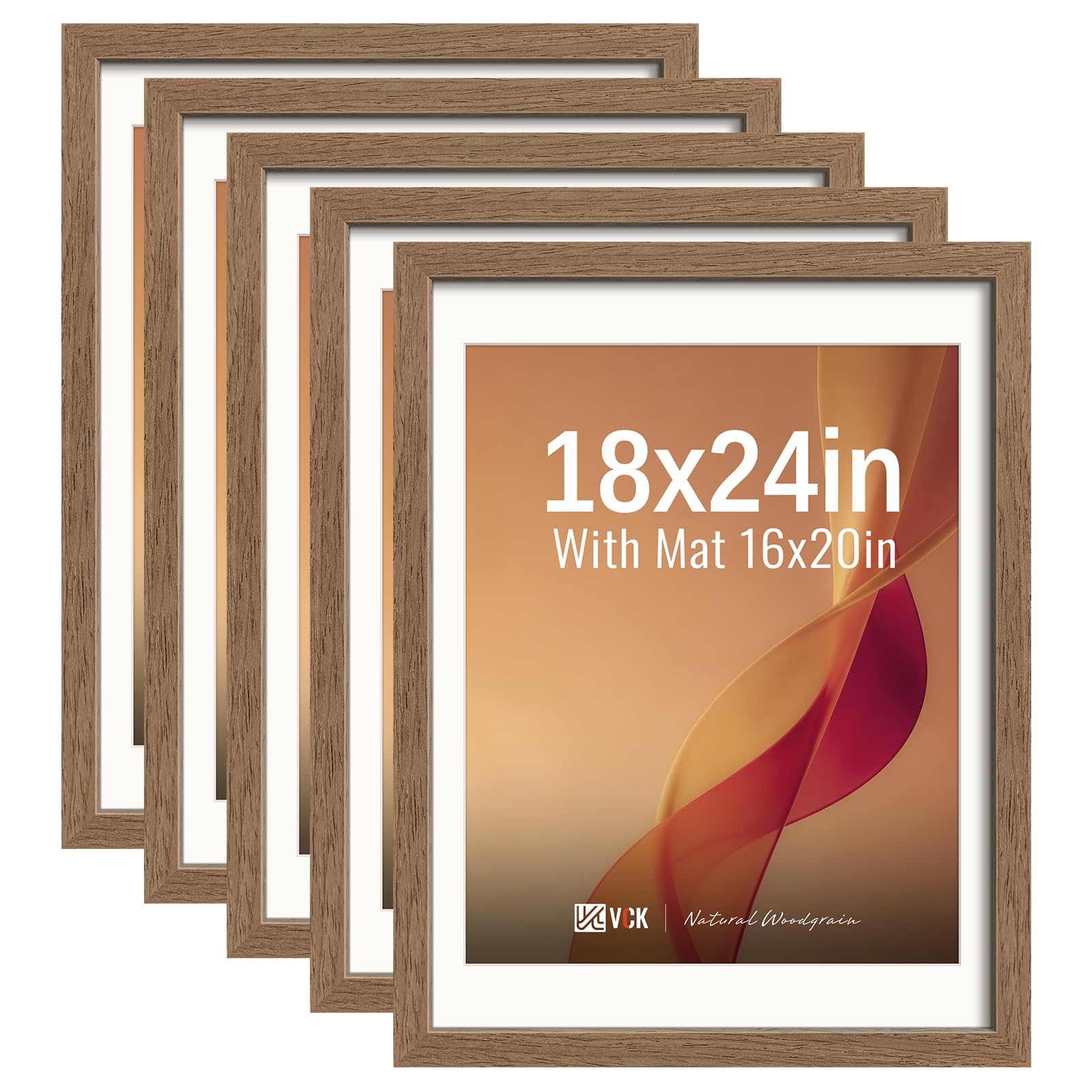 VCK 18x24 Frame 5 Pack, Walnut Exclusive Wood, 16x20 Mat, for Picture