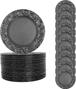 Cashewnuts 100PCS Charger Plates Set 13 Round Charger Plates Bulk Reusable Dinner Pans Wedding Decorative Chargers Patterned Snack Trays, European Retro Black, 100pcs