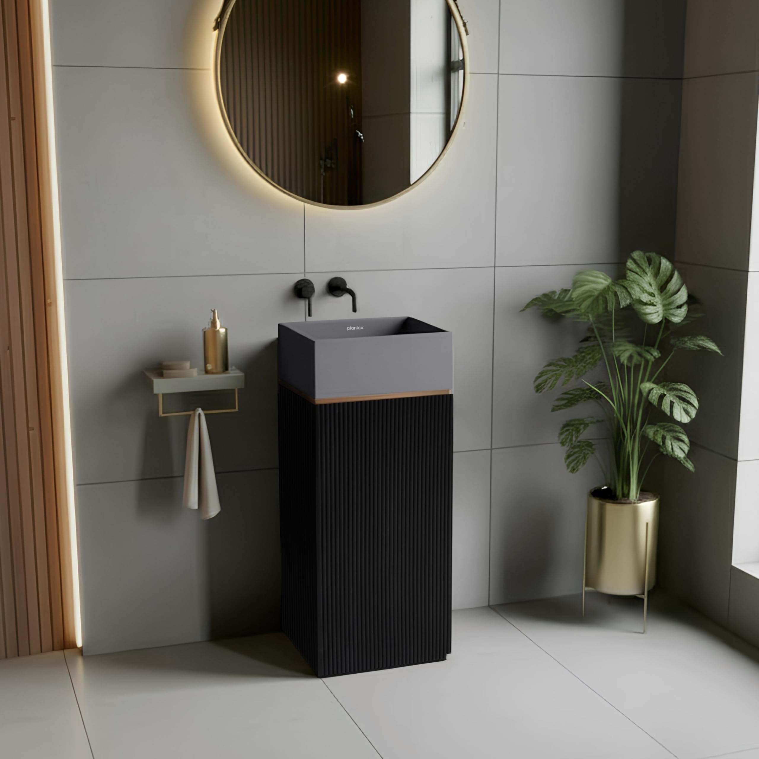 Plantex Acrylic Resin & Quartz Matt Pedestal Basin For Bathroom/One Piece Pedestal Free Standing Square Wash Basin For Living Room/Hotel (Grey & Black)