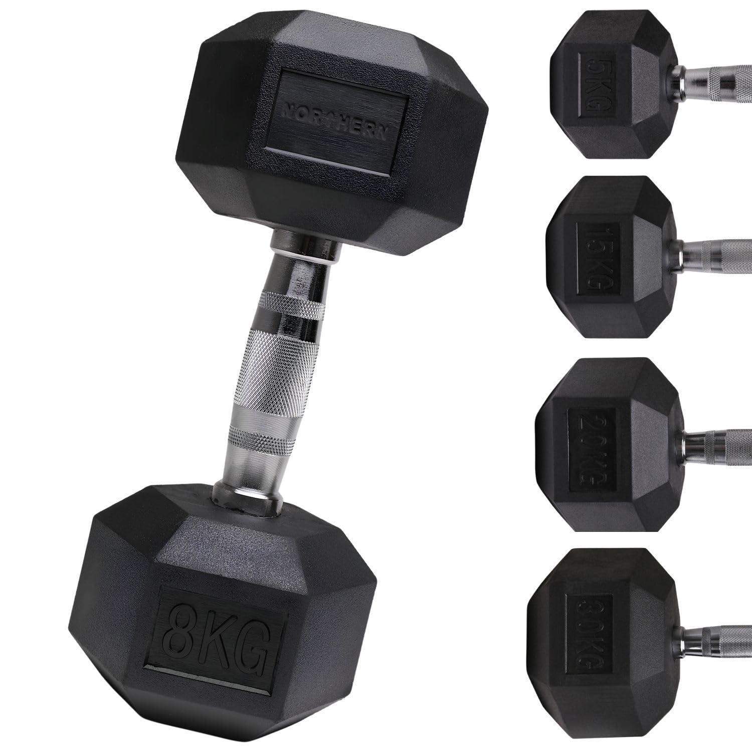 Northern Hex Dumbbell Set Rubber Heavy Weights with Metal Handles Anti-Rolling for Weight Lifting Bodybuilding Exercise Workout Strength Training Home Gym 1kg-50kg Pairs Sets (8KG x2 Dumbbells)