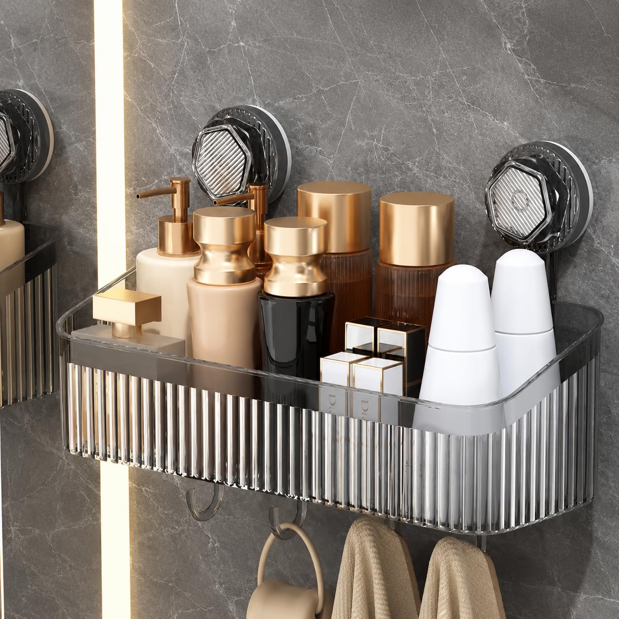 HRK Shower Caddy Shelf with Suction Cups, 30x10.8x10 cm, Clear | No-Drill Wall Mount, 4 Hanging Hooks, Bathroom Organiser, Ribbed Design, Drill-Free Install-image-44