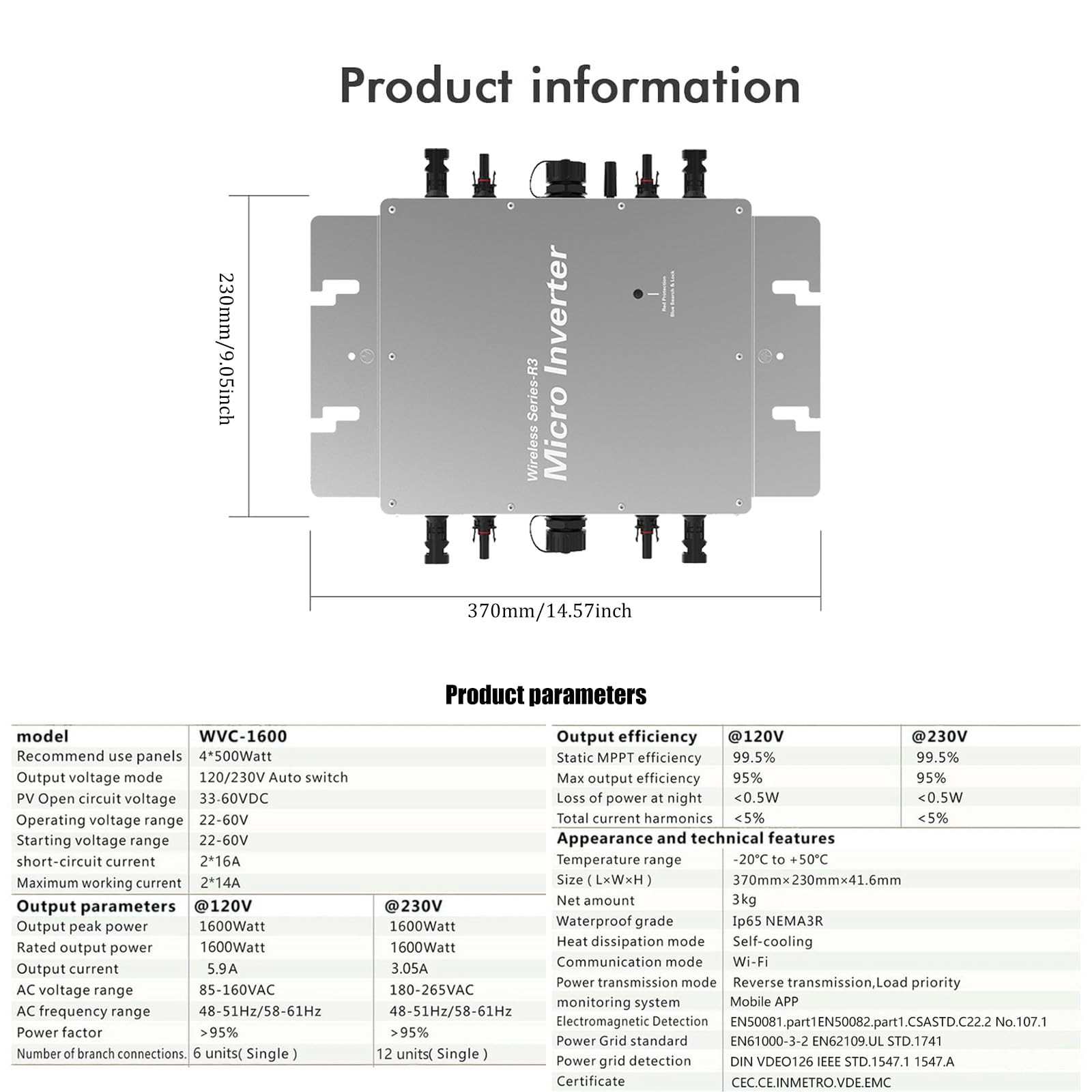 Micro-onduleur MPPT 1600 W, Micro-onduleur Solaire, contrôle WiFi, Auto-Refroidissement, DC22-60 V à AC120-230 V, onduleurs, étanche IP65 pour Toit extérieur, onduleur à Onde sinusoïdale