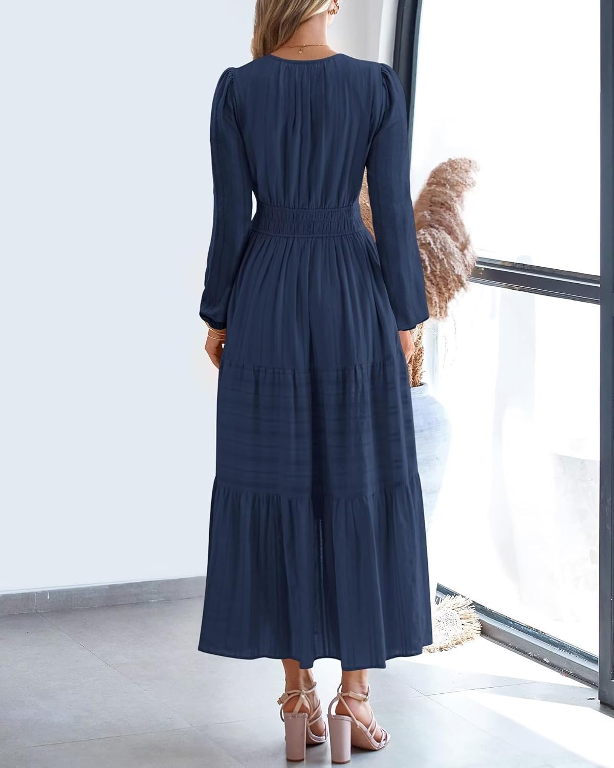 Fall Dresses for Women 2025 Wedding Guest Dress Long Sleeve Maxi Dress V-Neck Flowy A-Line Casual Dress Navy XXL - Image 6