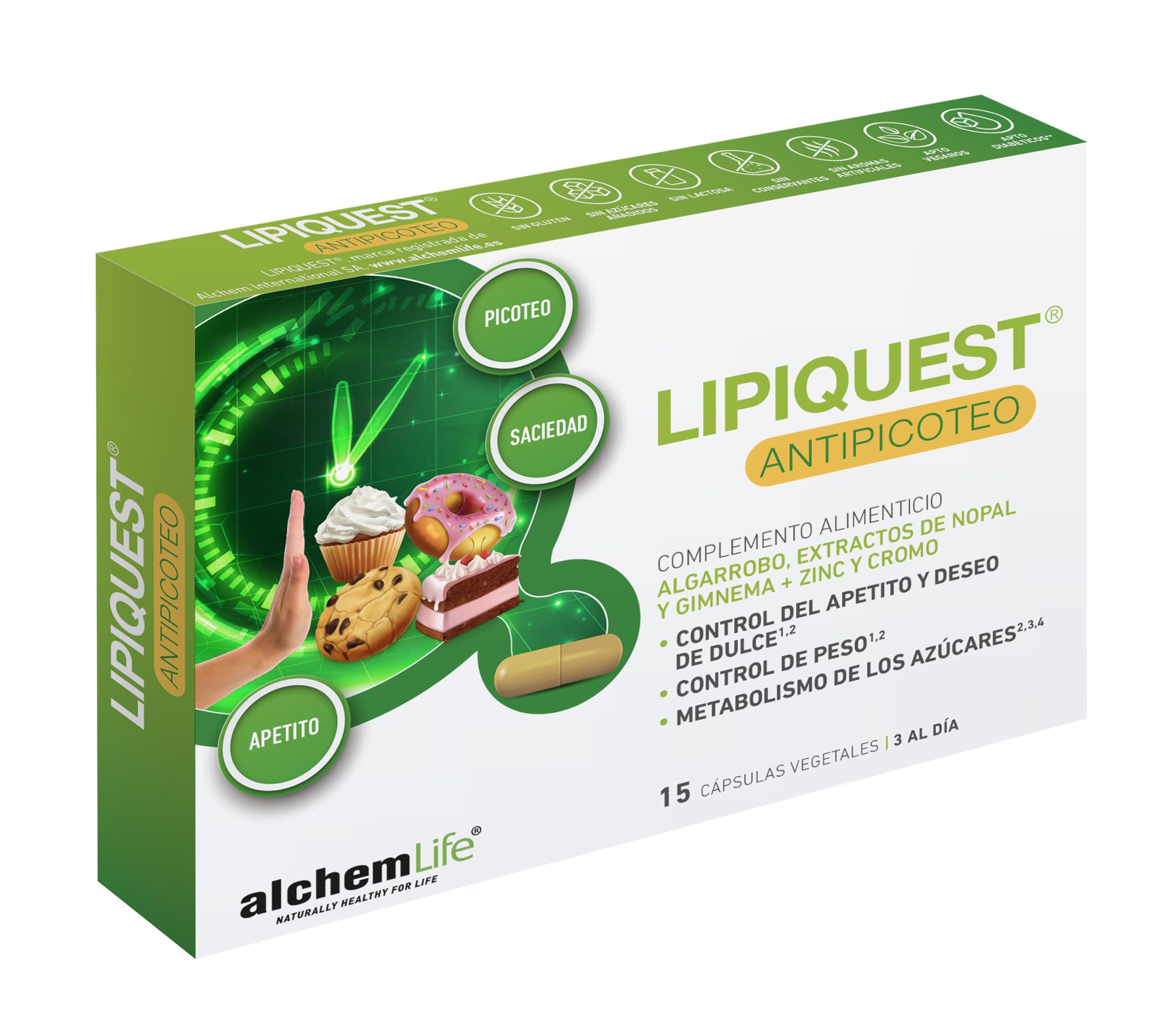 AlchemLife - Pack Lipiquest Silueta + Antipicoteo | Control de Peso y Gestión del Apetito | Solución Líquida 300 ml + 15 Cápsulas Vegetales | Metabolismo de Grasas y Azúcares