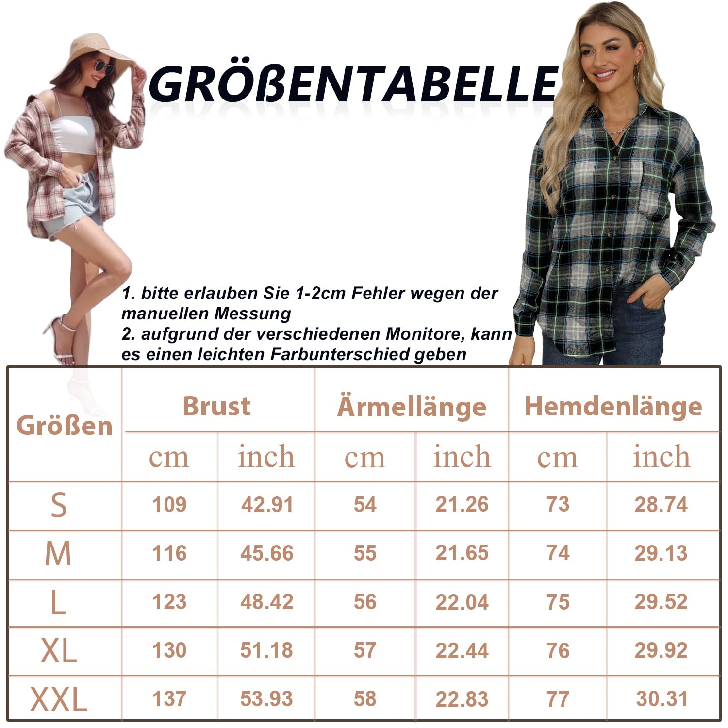 NONSAR Chemisier à Carreaux pour Femme - Boutonnière - Manches Longues - pour la fête de la bière - Tunique décontractée