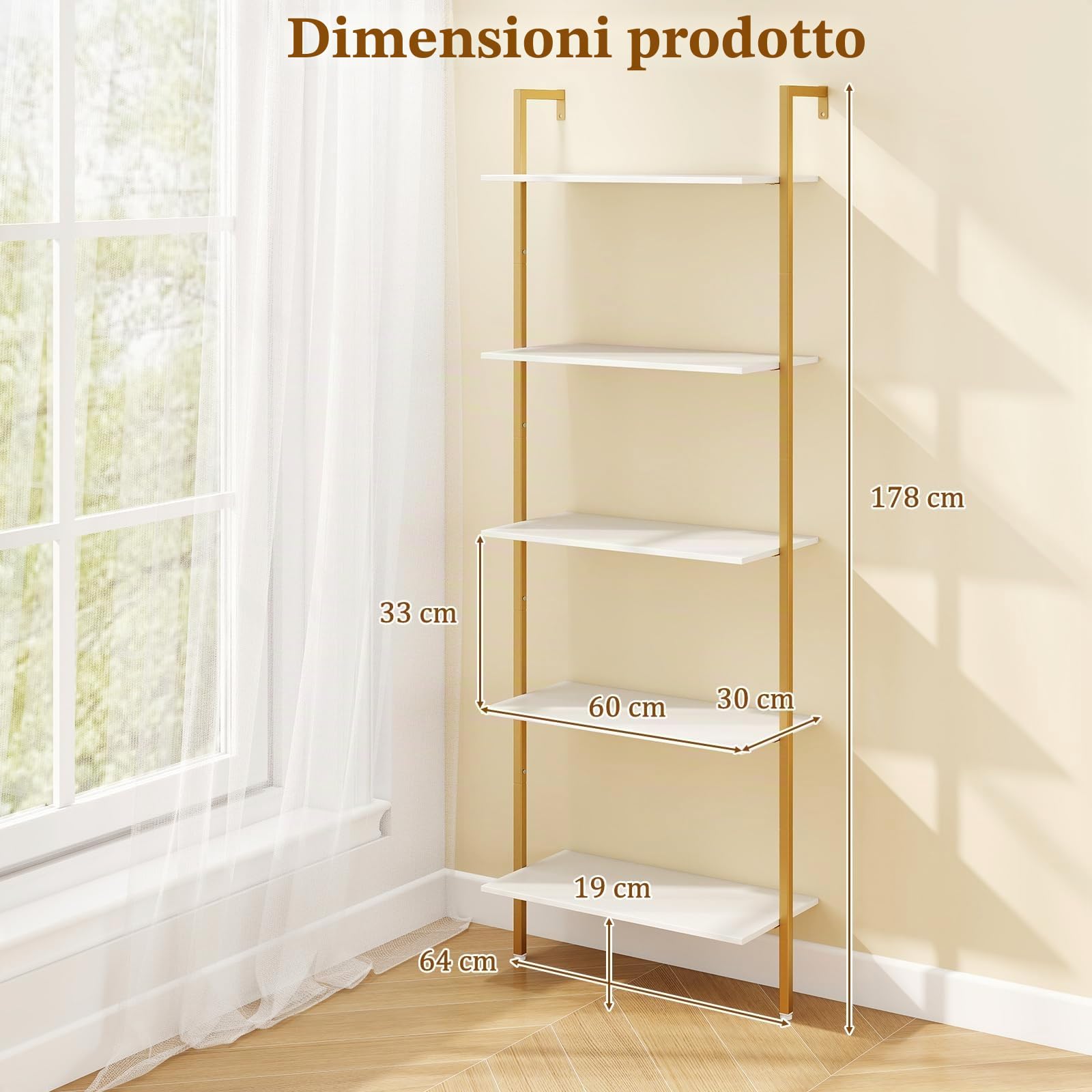 HOMASIS Scaffale a Scala a 5 Livelli, Libreria da Parete con Telaio in Metallo e Piedini Regolabili, Libreria a Muro con Protezione Anti-ribaltamento per Salotto, Ufficio (Bianco, 64 x 30 x 178 cm)