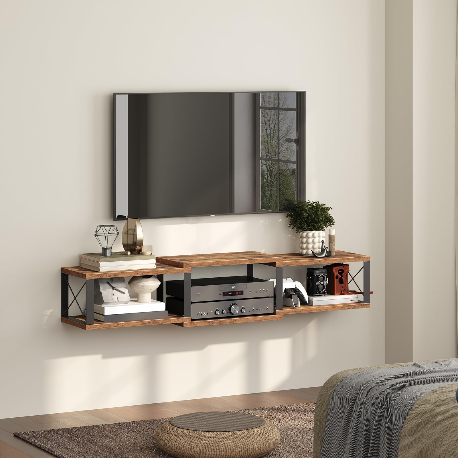 Mobile TV Sospeso A Parete - Console Multimediale Con Mensole - Stile Vintage Marrone - Foto 6