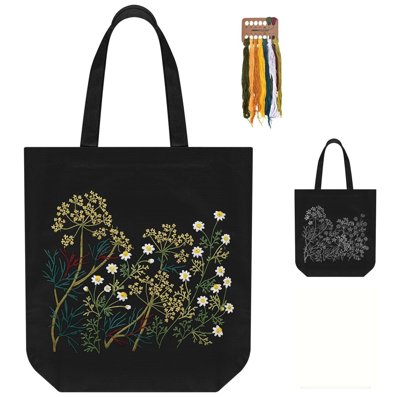 ERKOON Embroidery Canvas Tote Bag, DIY Printed Cross Stitch Craft Kit for Beginners with Hoops,Material Package & Guide, Shopping Shoulder Tote Bag, for Grocery,Daily Life,Work,Gift (Chamomile)