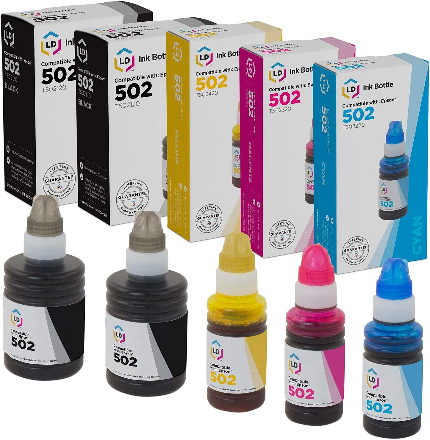 LD Products Compatible Ink Bottle Replacement for Epson 502 (5 Set - Black, Cyan, Magenta, Yellow) for use in Epson ET Series, Epson Expression and Epson Workforce