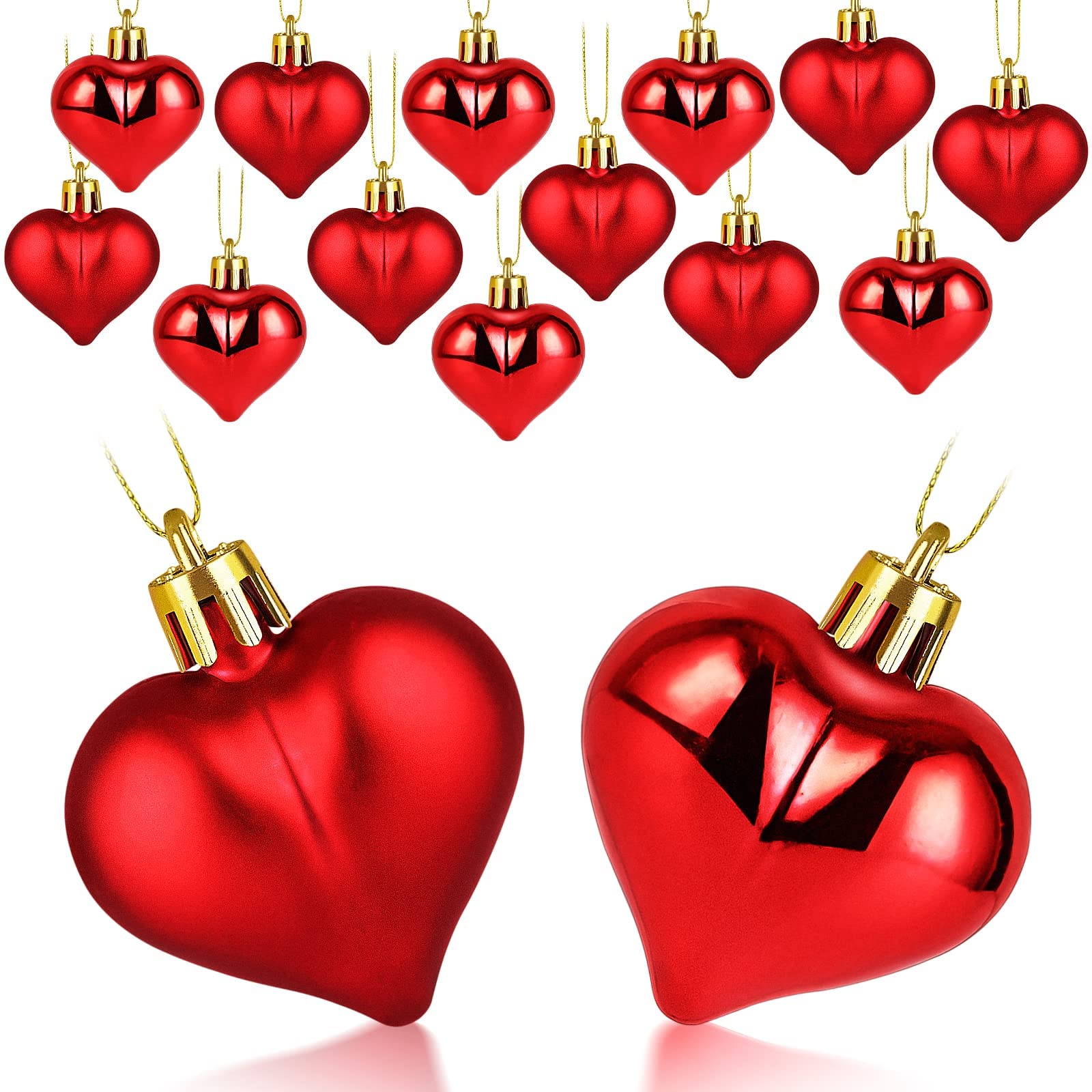 Valentinstag Herz Ornamente, 12pcs Weihnachtsbaum Kugeln Herzförmige, Klein Herz Kugeln, Romantische Deko für Valentinstag, Hochzeiten und Hochzeitstage(Rote)