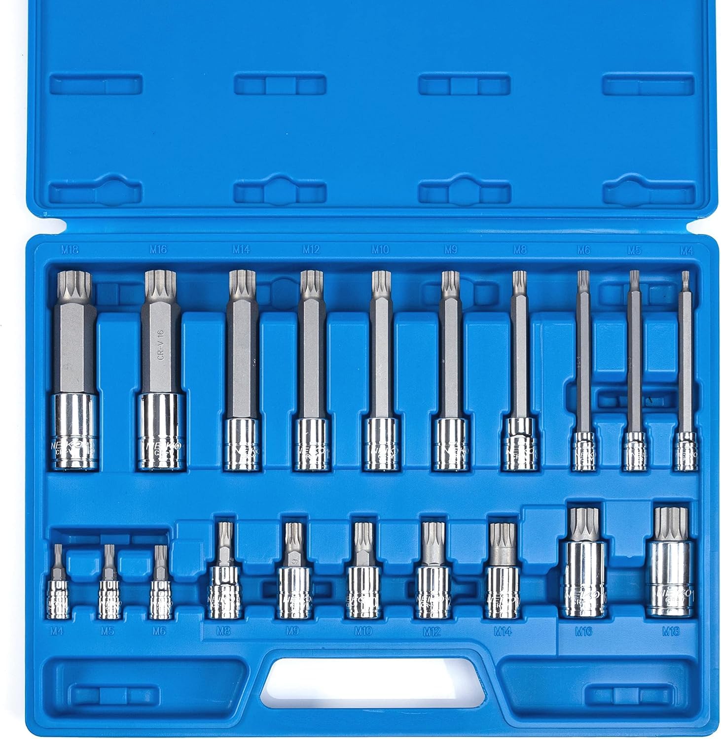 NEIKO 10057A XZN Triple Square Bit Set, 20-Piece, Extra Long 4" Spline Socket, 4mm to 18mm, 12 Point Tamperproof, Square Drive, S2 & Cr-V Steel