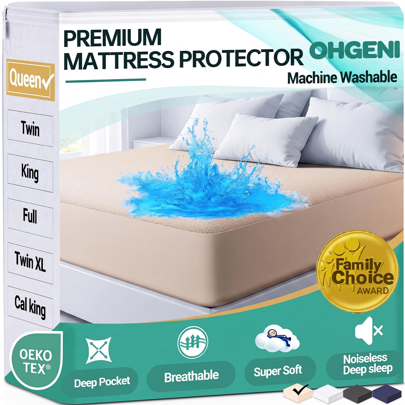 OhGeni Waterproof Mattress Protector, Queen Size Mattress Pad Fitted with Deep Pocket 6"-18", Breathable Noiseless Soft, Washable DirtProof Mattress Cover, Beige, More Than 99 pcs fibers, Daybed Cover